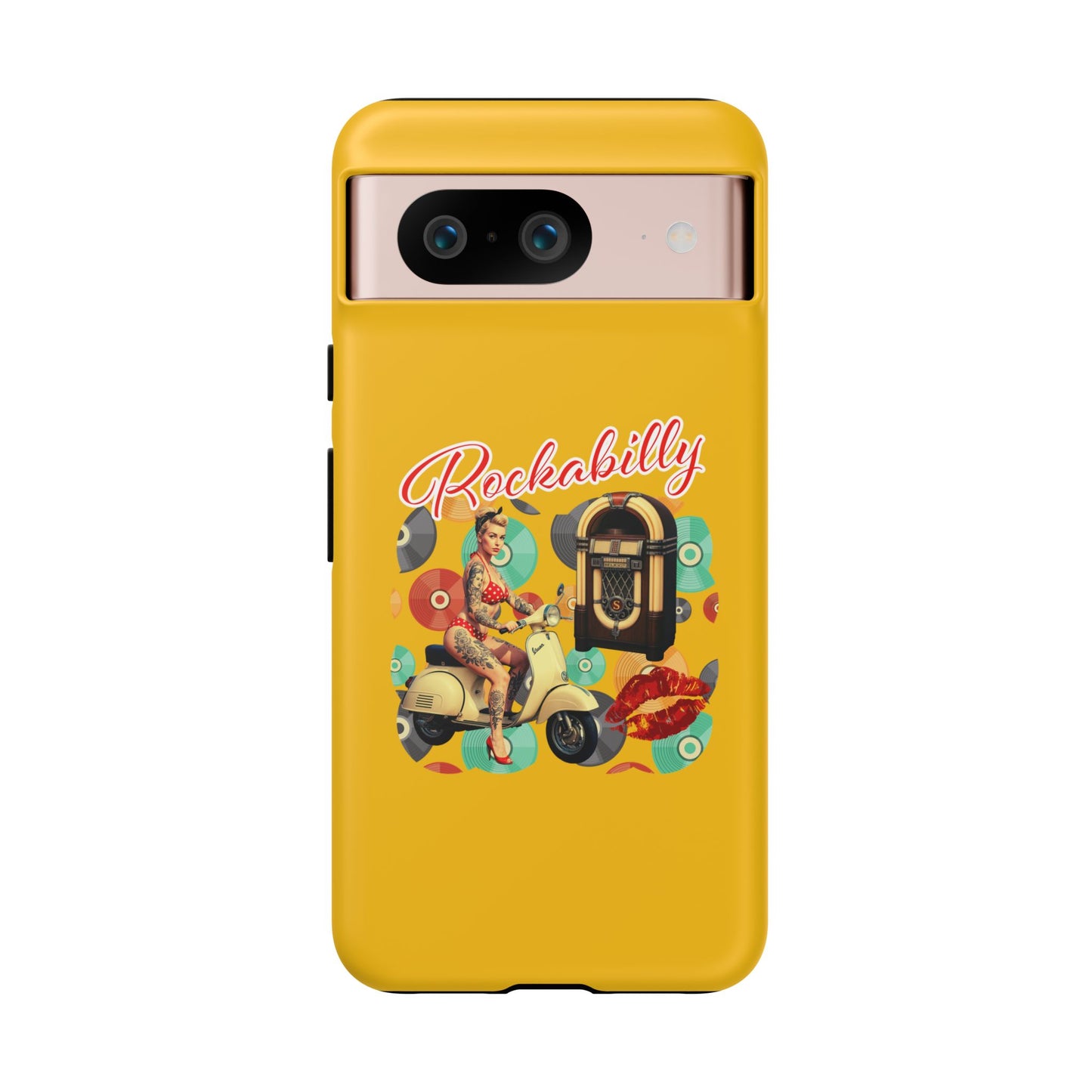 Rockabilly Phone Case, Vintage Scooter Design, Retro Style Cover, Fun Gift for Music Lovers, Yellow Tough Cases