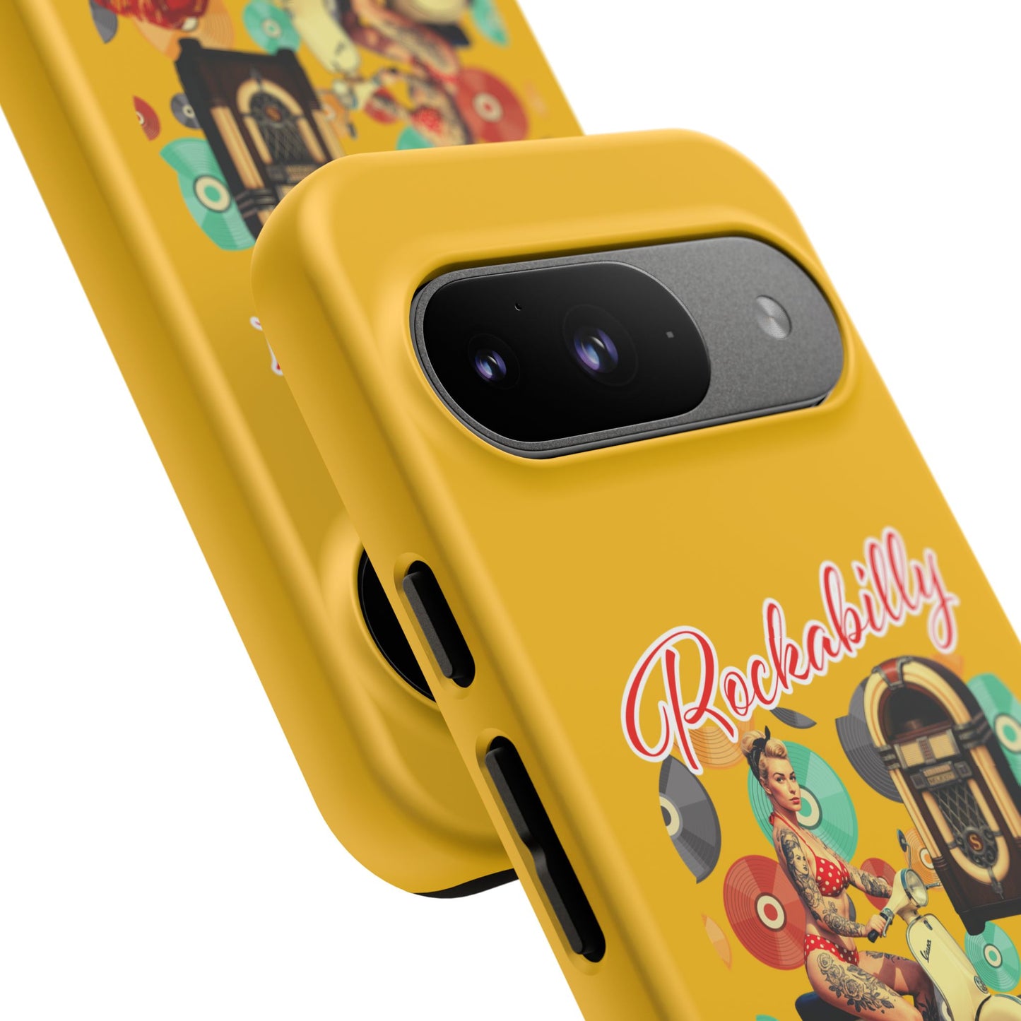Rockabilly Phone Case, Vintage Scooter Design, Retro Style Cover, Fun Gift for Music Lovers, Yellow Tough Cases