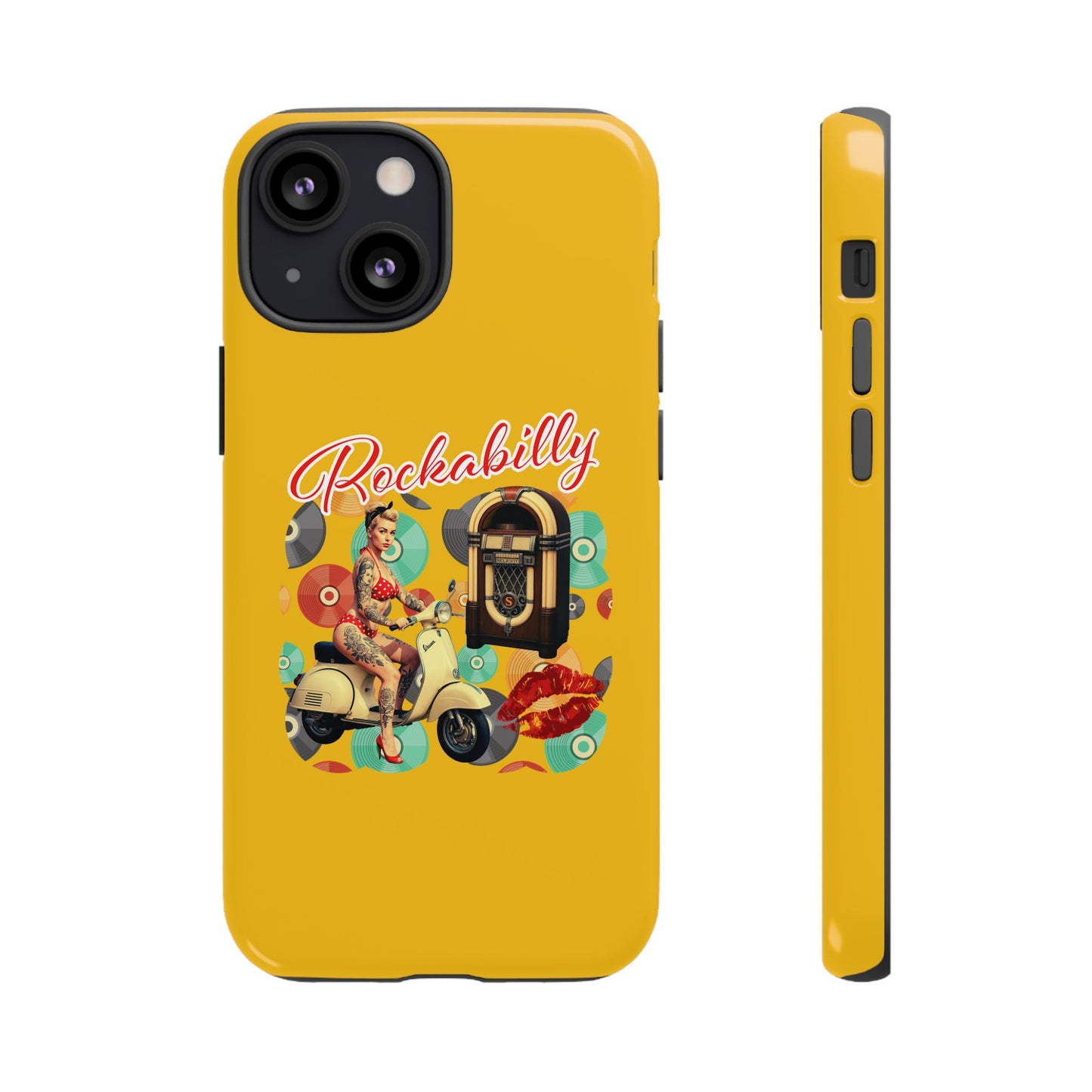 Rockabilly Phone Case, Vintage Scooter Design, Retro Style Cover, Fun Gift for Music Lovers, Yellow Tough Cases