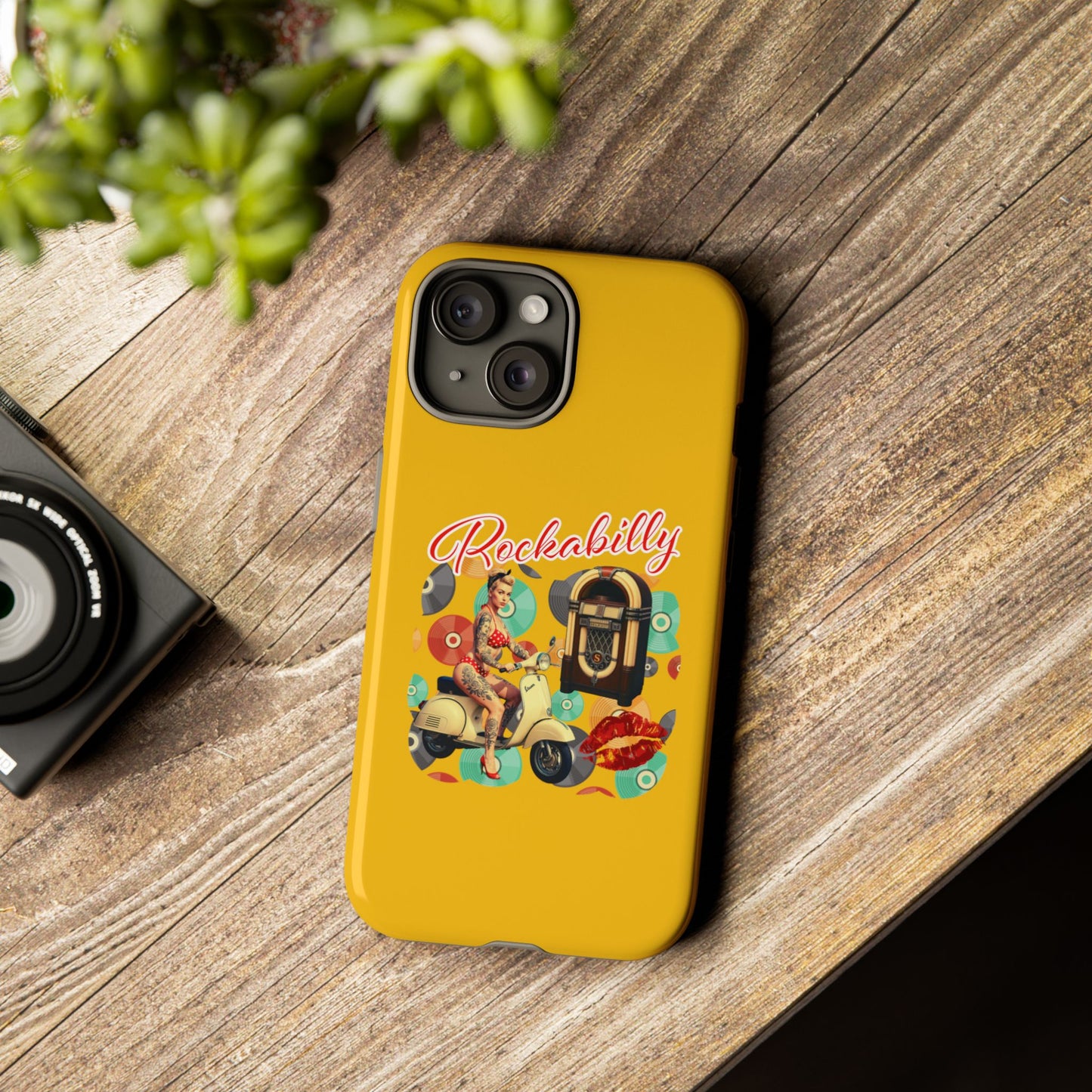 Rockabilly Phone Case, Vintage Scooter Design, Retro Style Cover, Fun Gift for Music Lovers, Yellow Tough Cases
