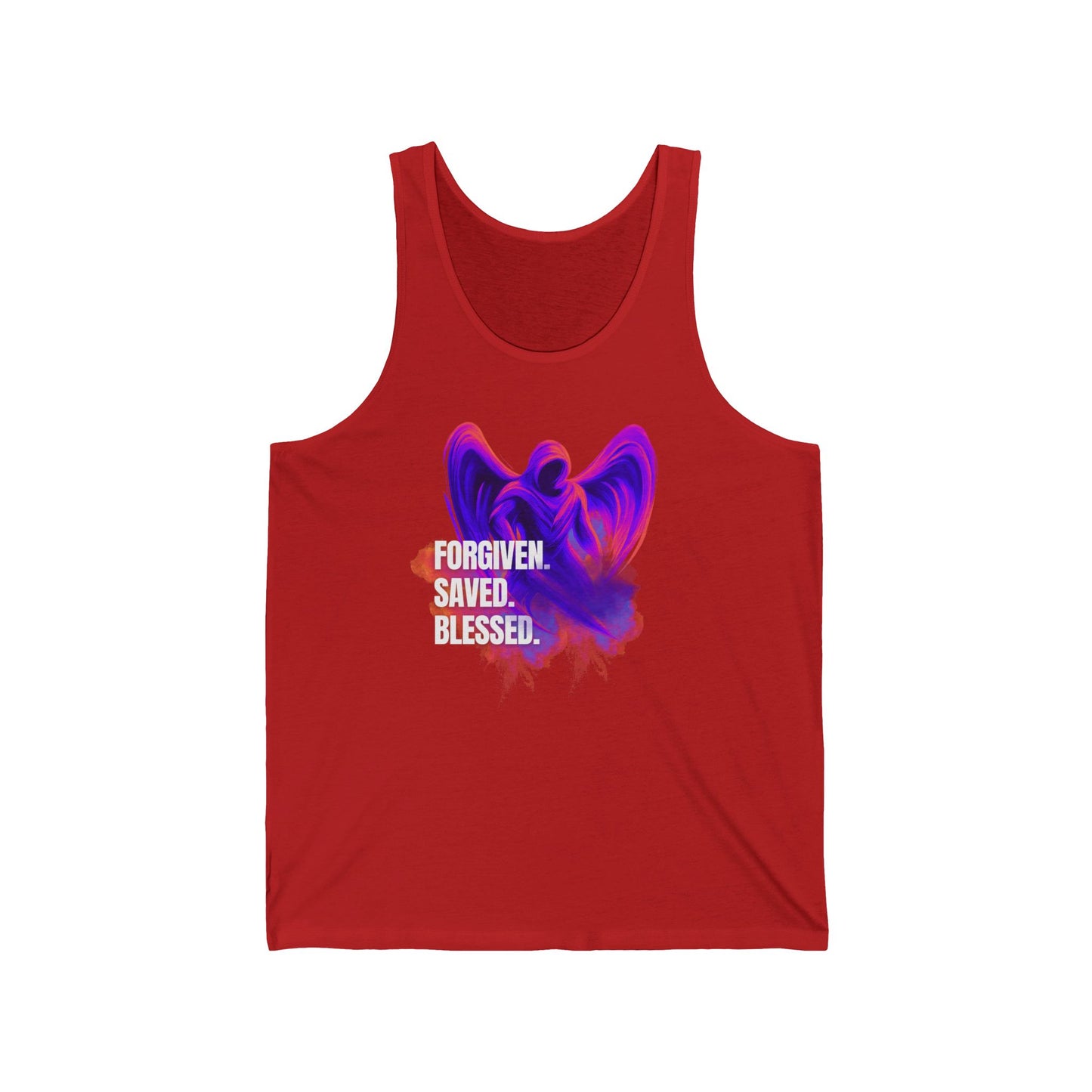 Spiritual Erzengel Unisex Jersey Tank - "Forgiven. Saved. Blessed." Inspirational Apparel