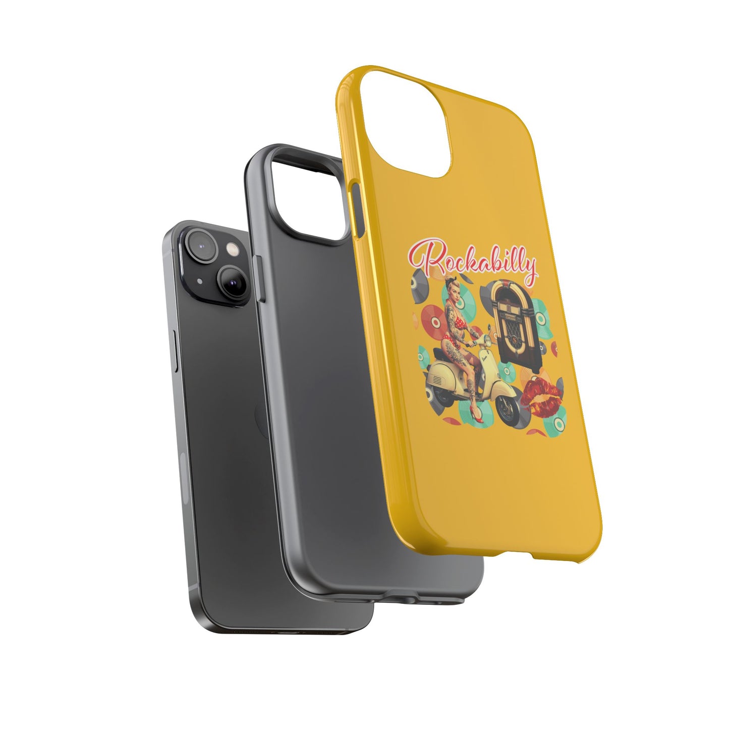 Rockabilly Phone Case, Vintage Scooter Design, Retro Style Cover, Fun Gift for Music Lovers, Yellow Tough Cases