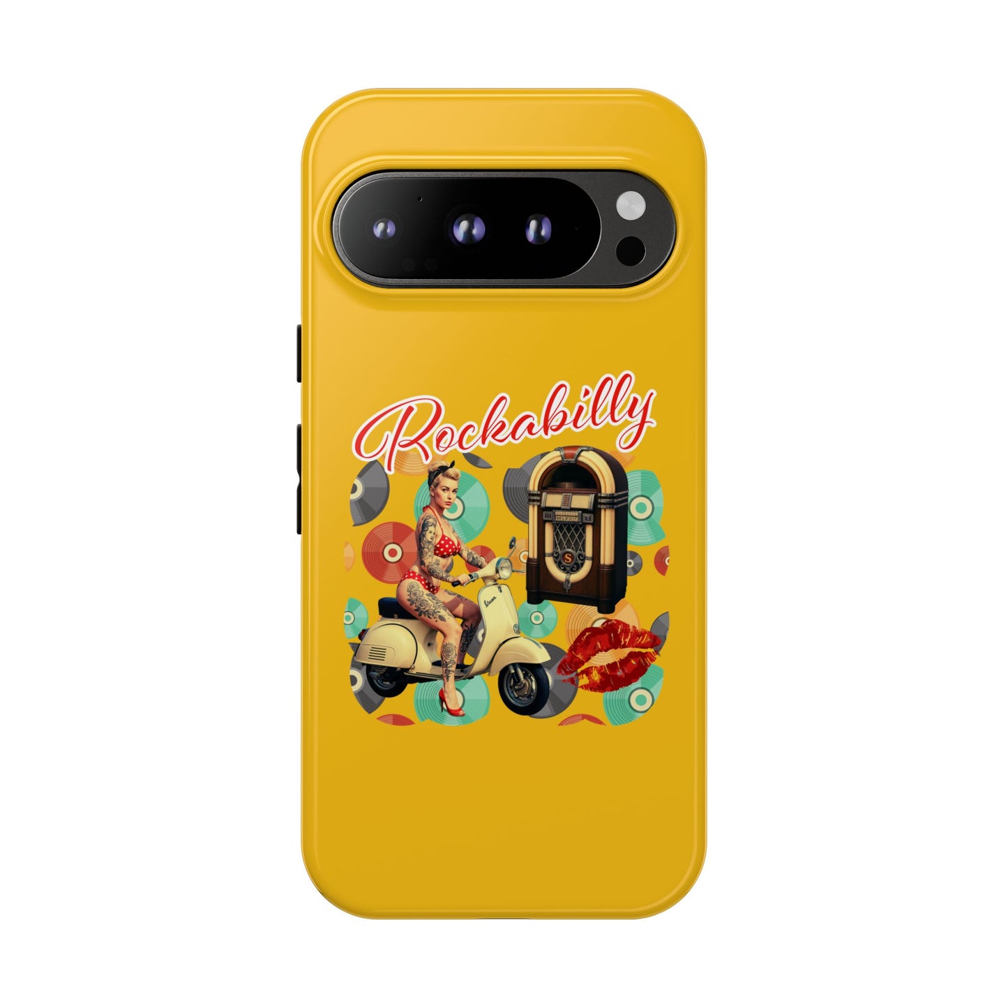 Rockabilly Phone Case, Vintage Scooter Design, Retro Style Cover, Fun Gift for Music Lovers, Yellow Tough Cases