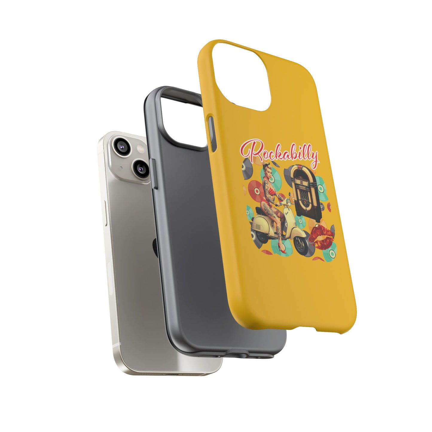 Rockabilly Phone Case, Vintage Scooter Design, Retro Style Cover, Fun Gift for Music Lovers, Yellow Tough Cases