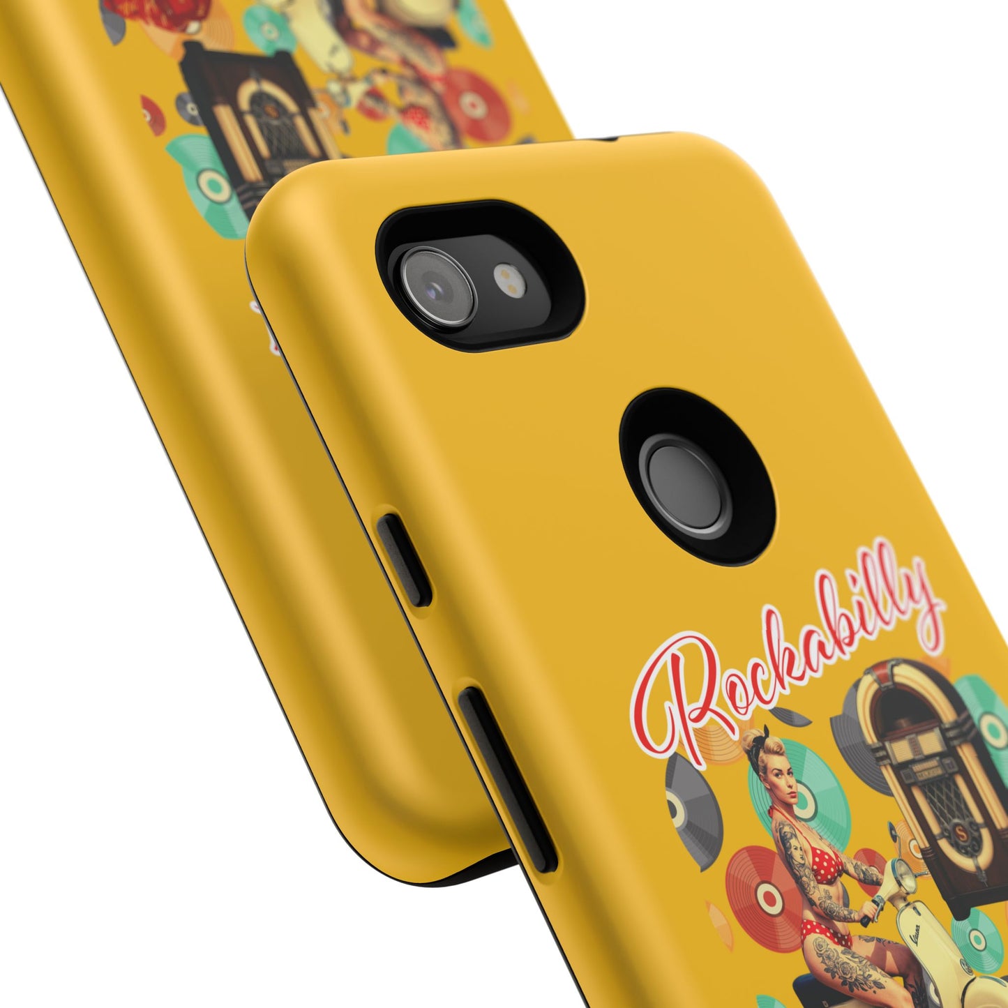 Rockabilly Phone Case, Vintage Scooter Design, Retro Style Cover, Fun Gift for Music Lovers, Yellow Tough Cases