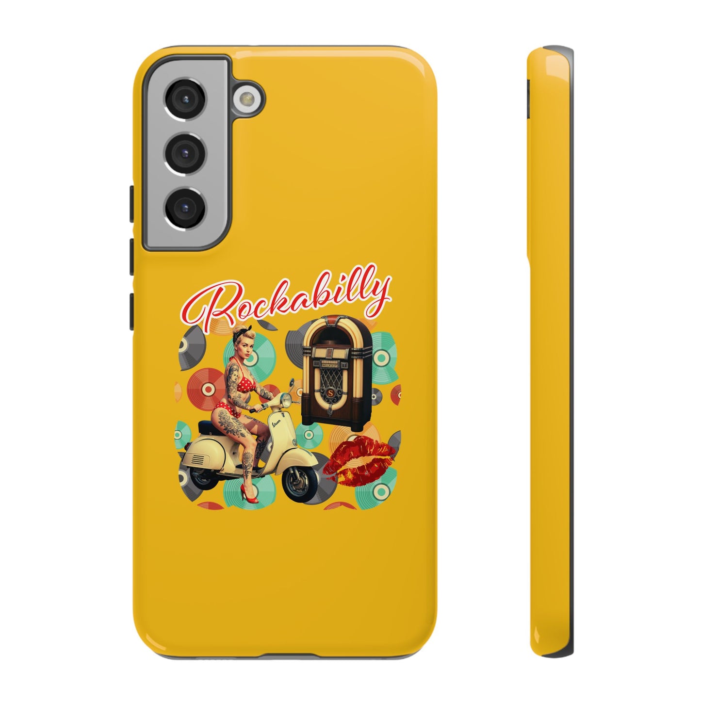 Rockabilly Phone Case, Vintage Scooter Design, Retro Style Cover, Fun Gift for Music Lovers, Yellow Tough Cases