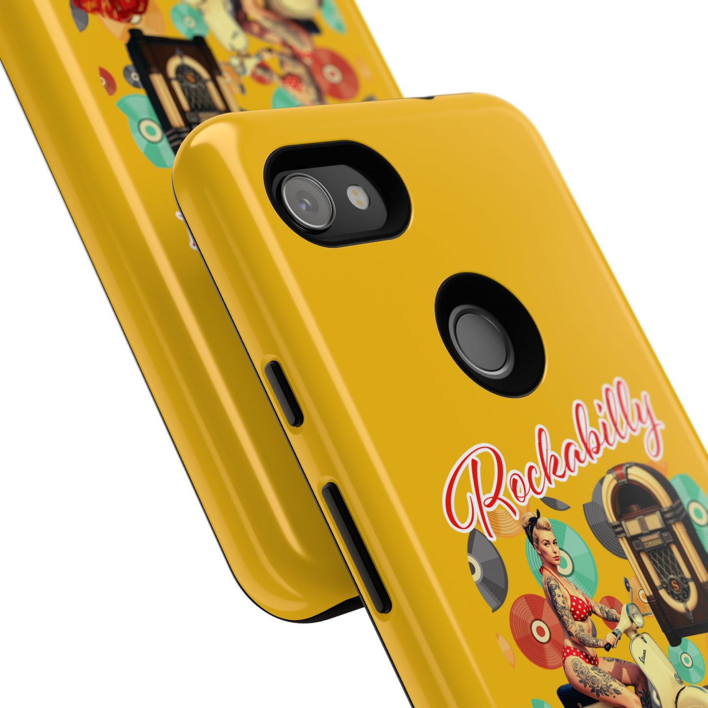 Rockabilly Phone Case, Vintage Scooter Design, Retro Style Cover, Fun Gift for Music Lovers, Yellow Tough Cases