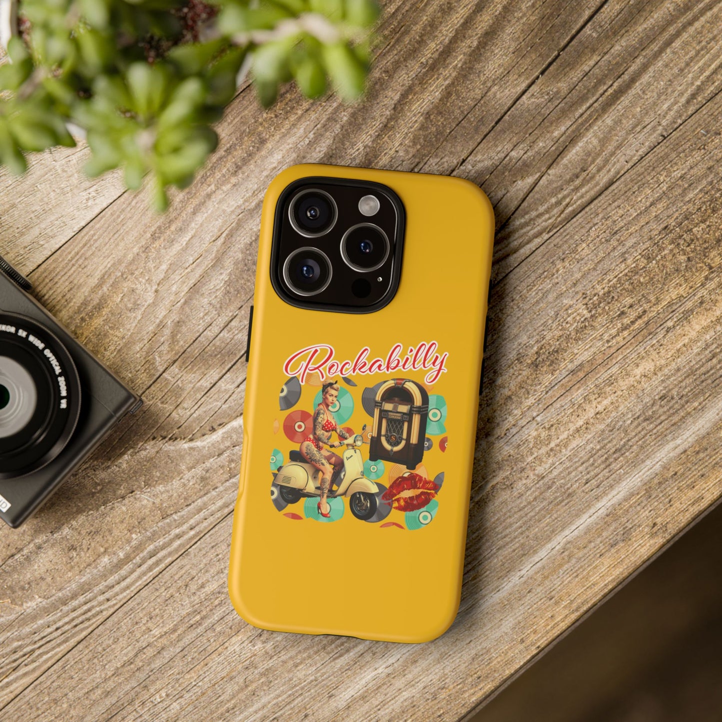 Rockabilly Phone Case, Vintage Scooter Design, Retro Style Cover, Fun Gift for Music Lovers, Yellow Tough Cases