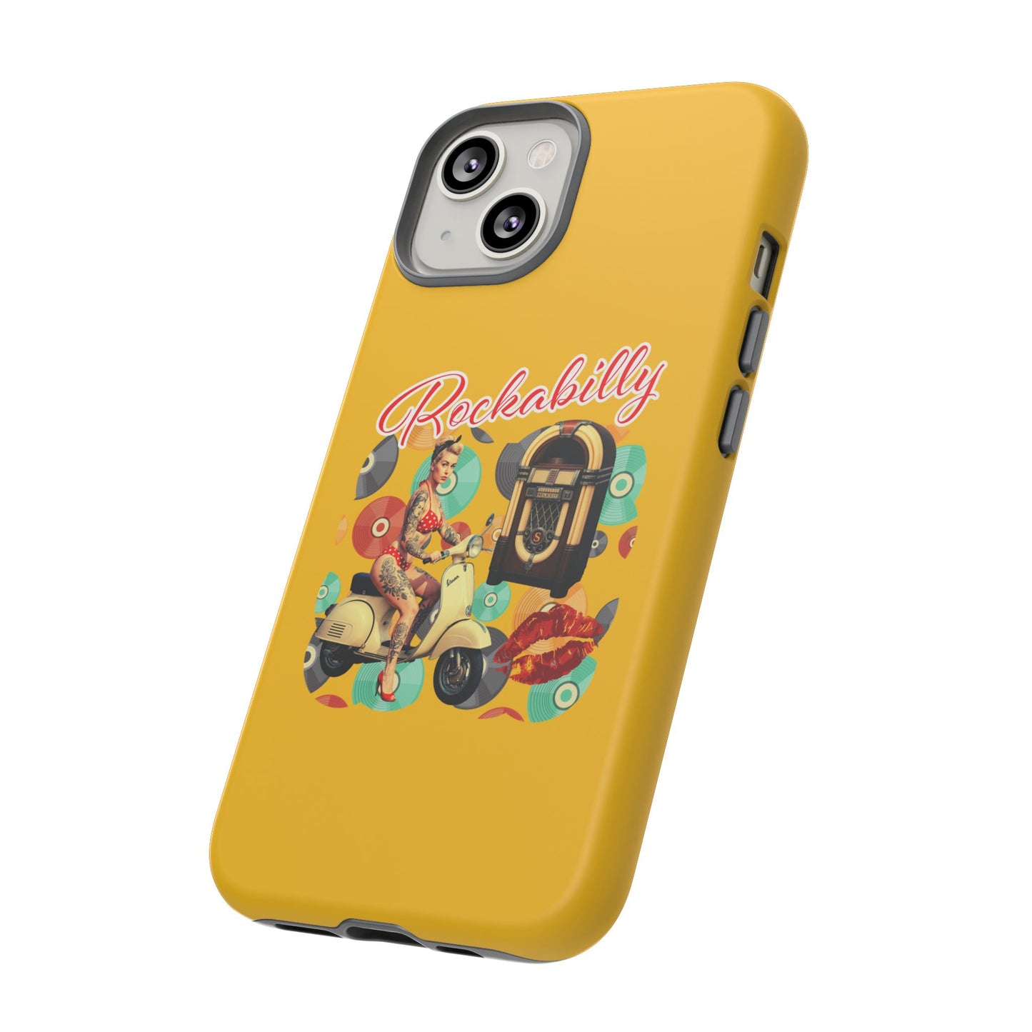 Rockabilly Phone Case, Vintage Scooter Design, Retro Style Cover, Fun Gift for Music Lovers, Yellow Tough Cases