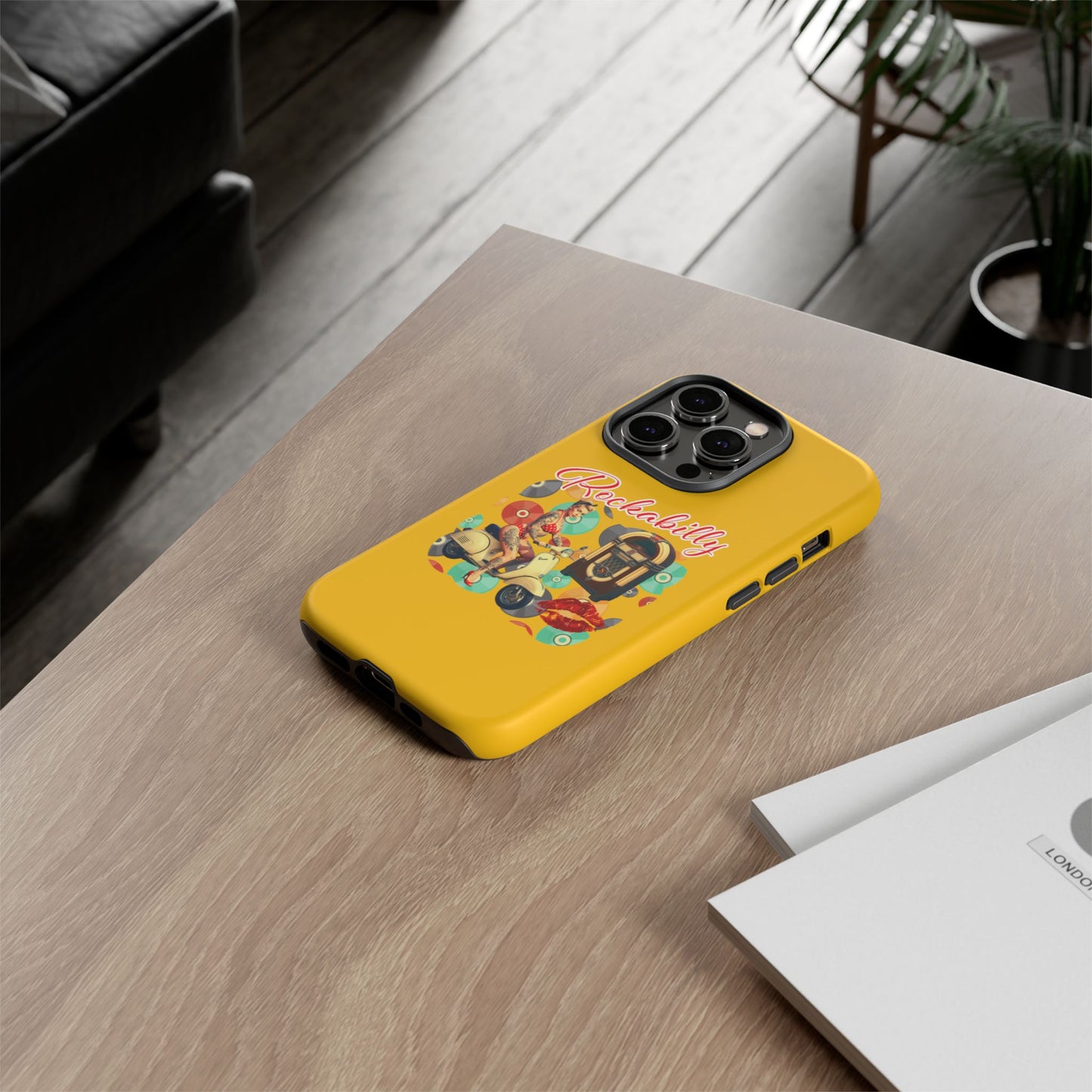Rockabilly Phone Case, Vintage Scooter Design, Retro Style Cover, Fun Gift for Music Lovers, Yellow Tough Cases