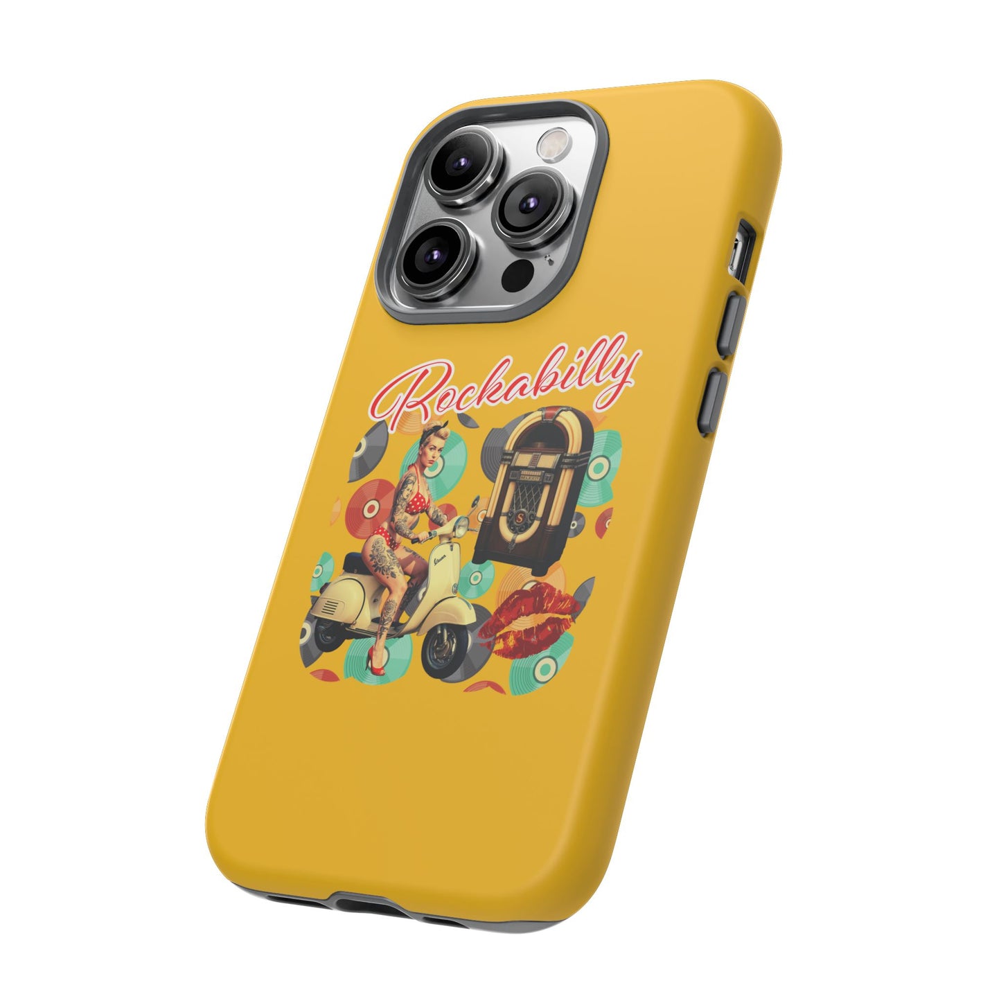 Rockabilly Phone Case, Vintage Scooter Design, Retro Style Cover, Fun Gift for Music Lovers, Yellow Tough Cases