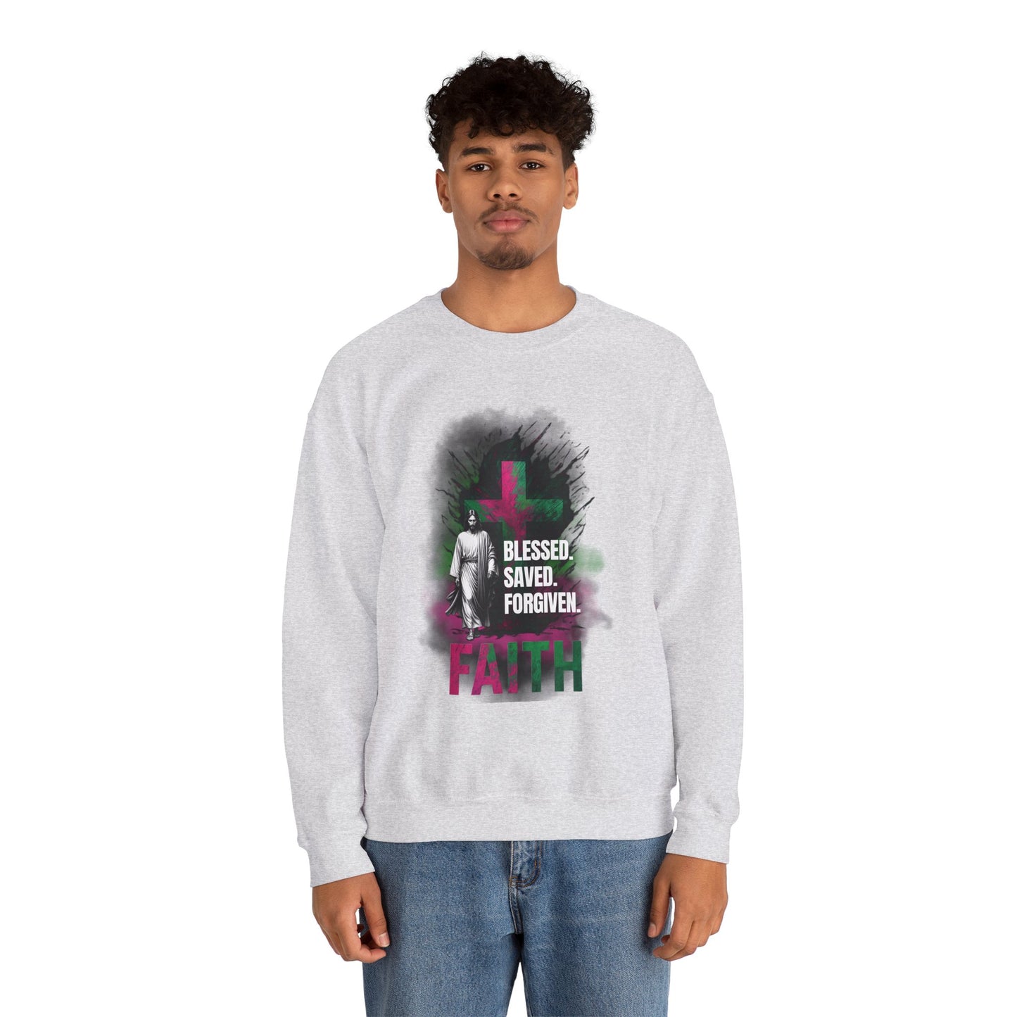 Jesus mit Faith und Spruch Blessed -Saved -Forgiven Sweatshirt