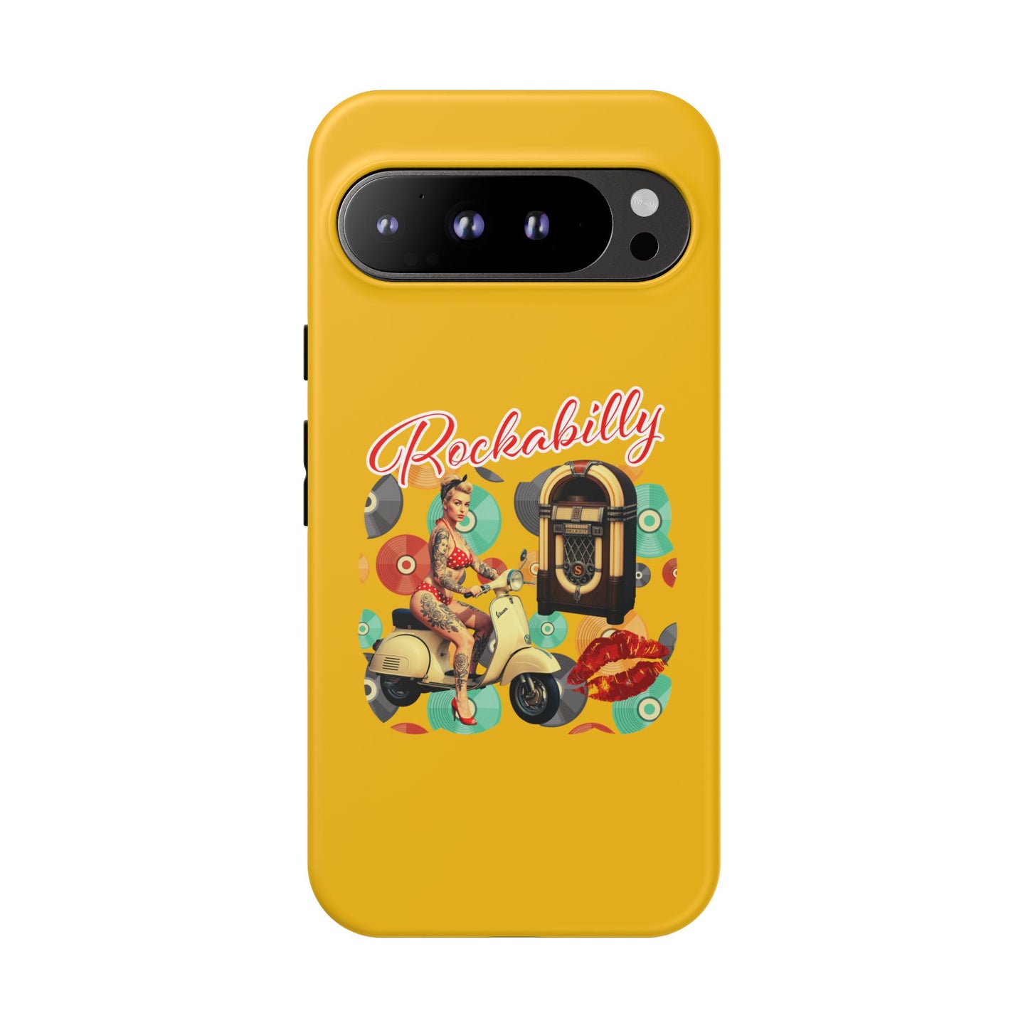 Rockabilly Phone Case, Vintage Scooter Design, Retro Style Cover, Fun Gift for Music Lovers, Yellow Tough Cases