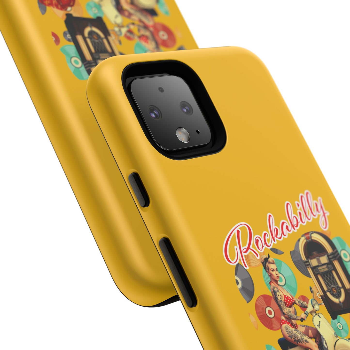 Rockabilly Phone Case, Vintage Scooter Design, Retro Style Cover, Fun Gift for Music Lovers, Yellow Tough Cases