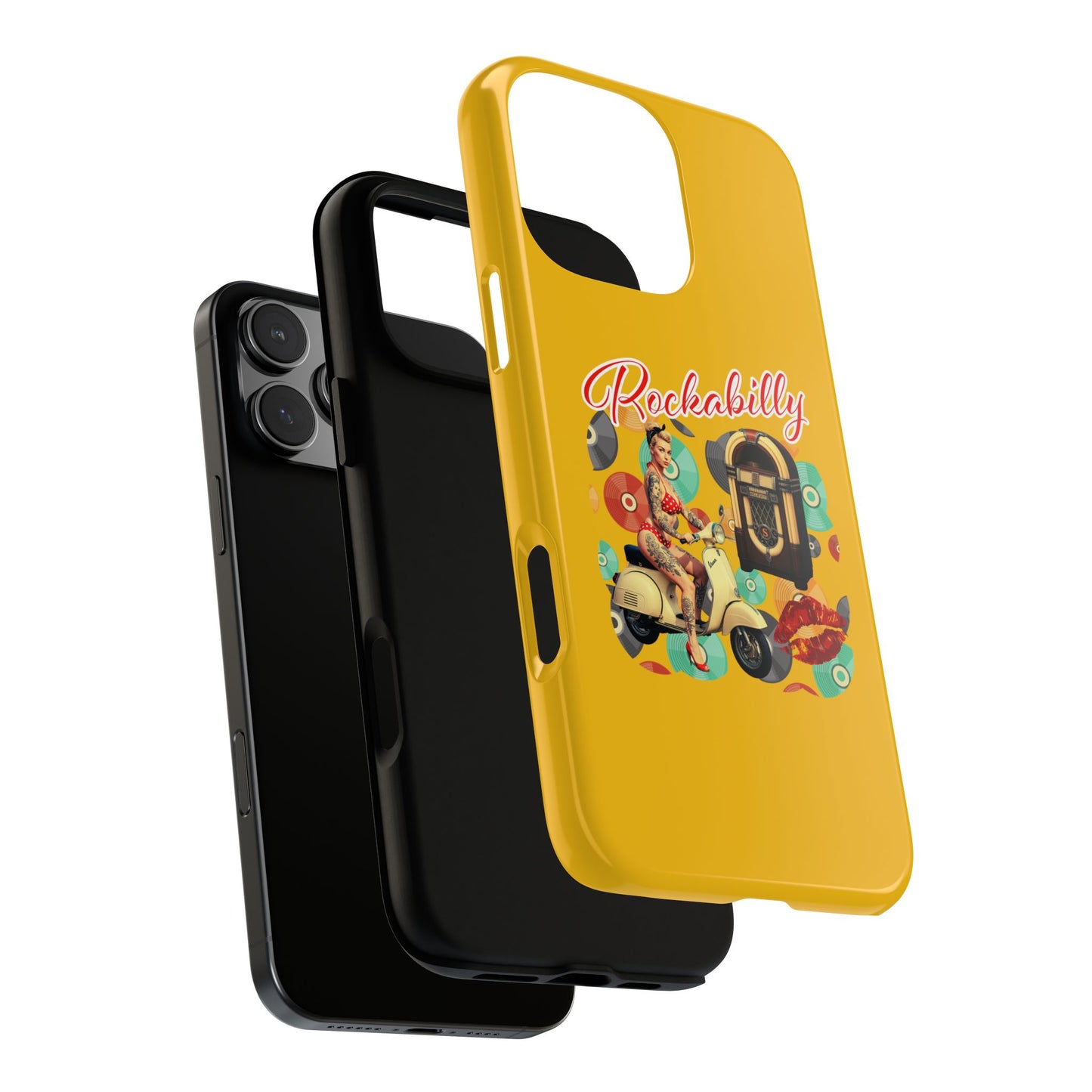 Rockabilly Phone Case, Vintage Scooter Design, Retro Style Cover, Fun Gift for Music Lovers, Yellow Tough Cases