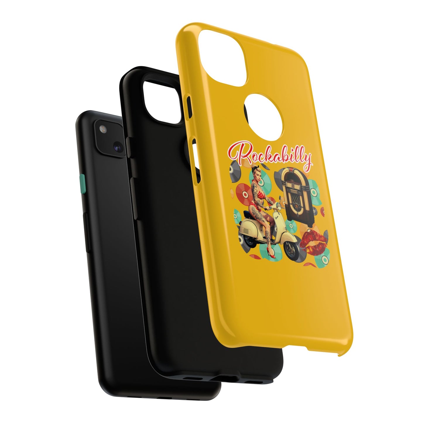 Rockabilly Phone Case, Vintage Scooter Design, Retro Style Cover, Fun Gift for Music Lovers, Yellow Tough Cases