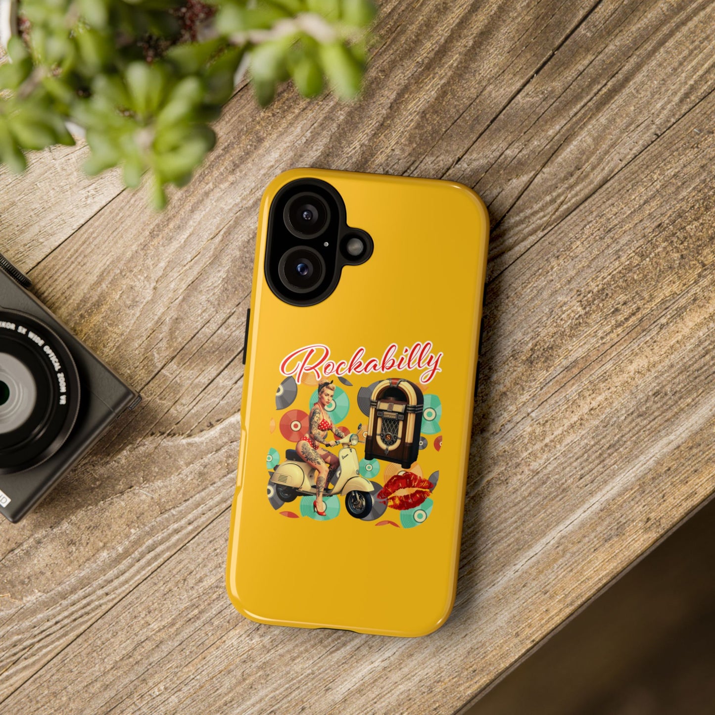Rockabilly Phone Case, Vintage Scooter Design, Retro Style Cover, Fun Gift for Music Lovers, Yellow Tough Cases