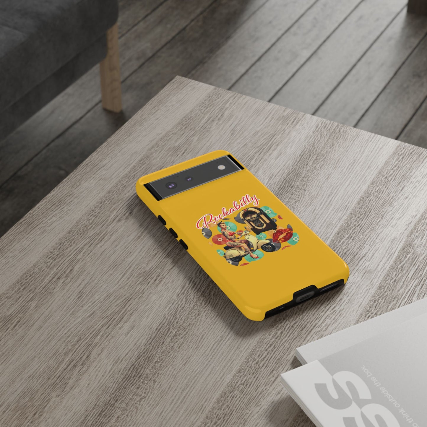 Rockabilly Phone Case, Vintage Scooter Design, Retro Style Cover, Fun Gift for Music Lovers, Yellow Tough Cases