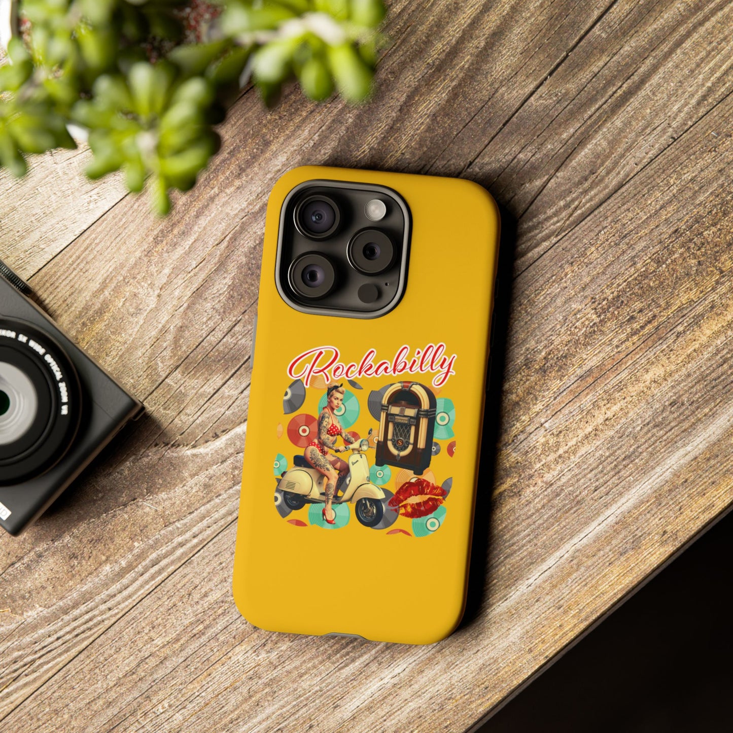 Rockabilly Phone Case, Vintage Scooter Design, Retro Style Cover, Fun Gift for Music Lovers, Yellow Tough Cases