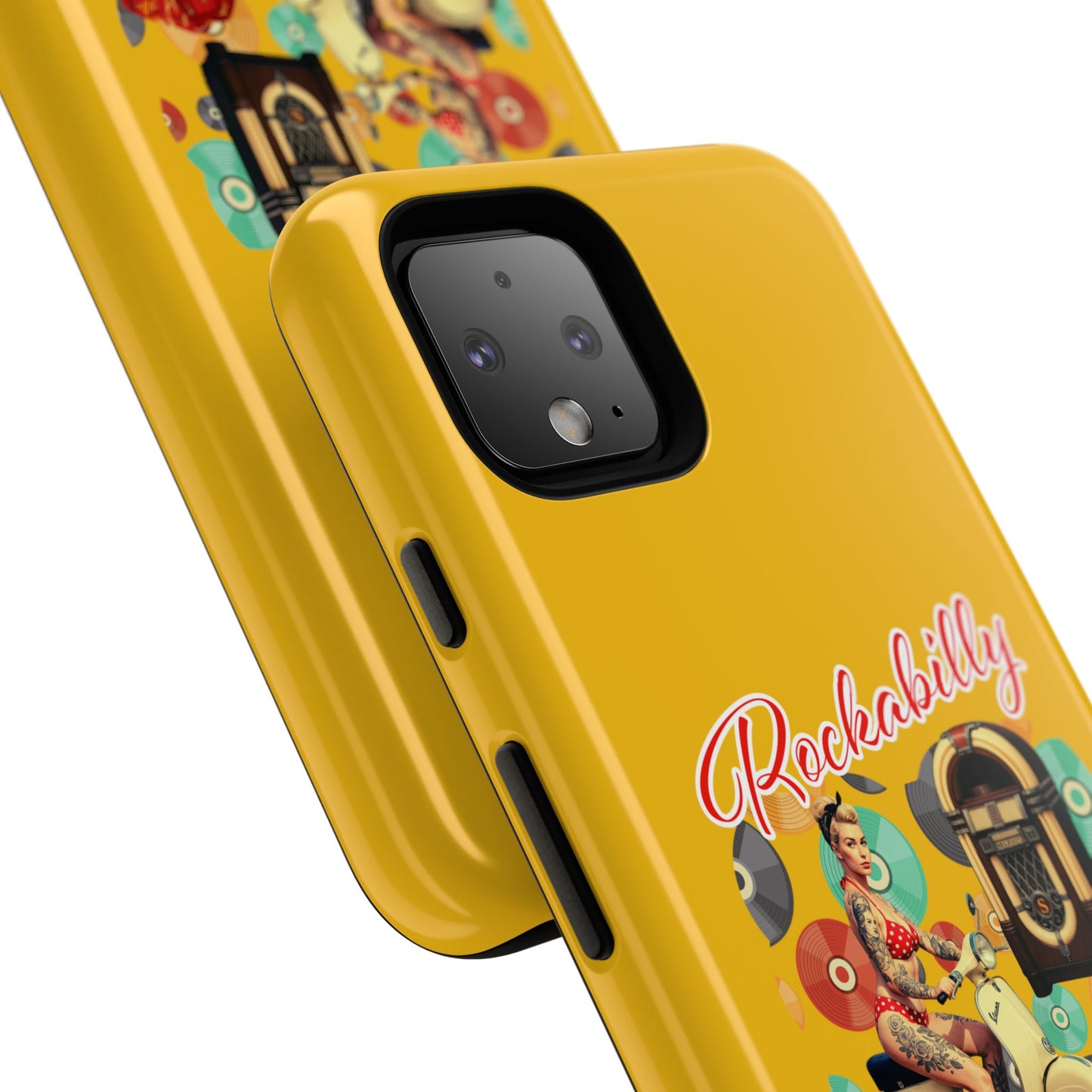 Rockabilly Phone Case, Vintage Scooter Design, Retro Style Cover, Fun Gift for Music Lovers, Yellow Tough Cases