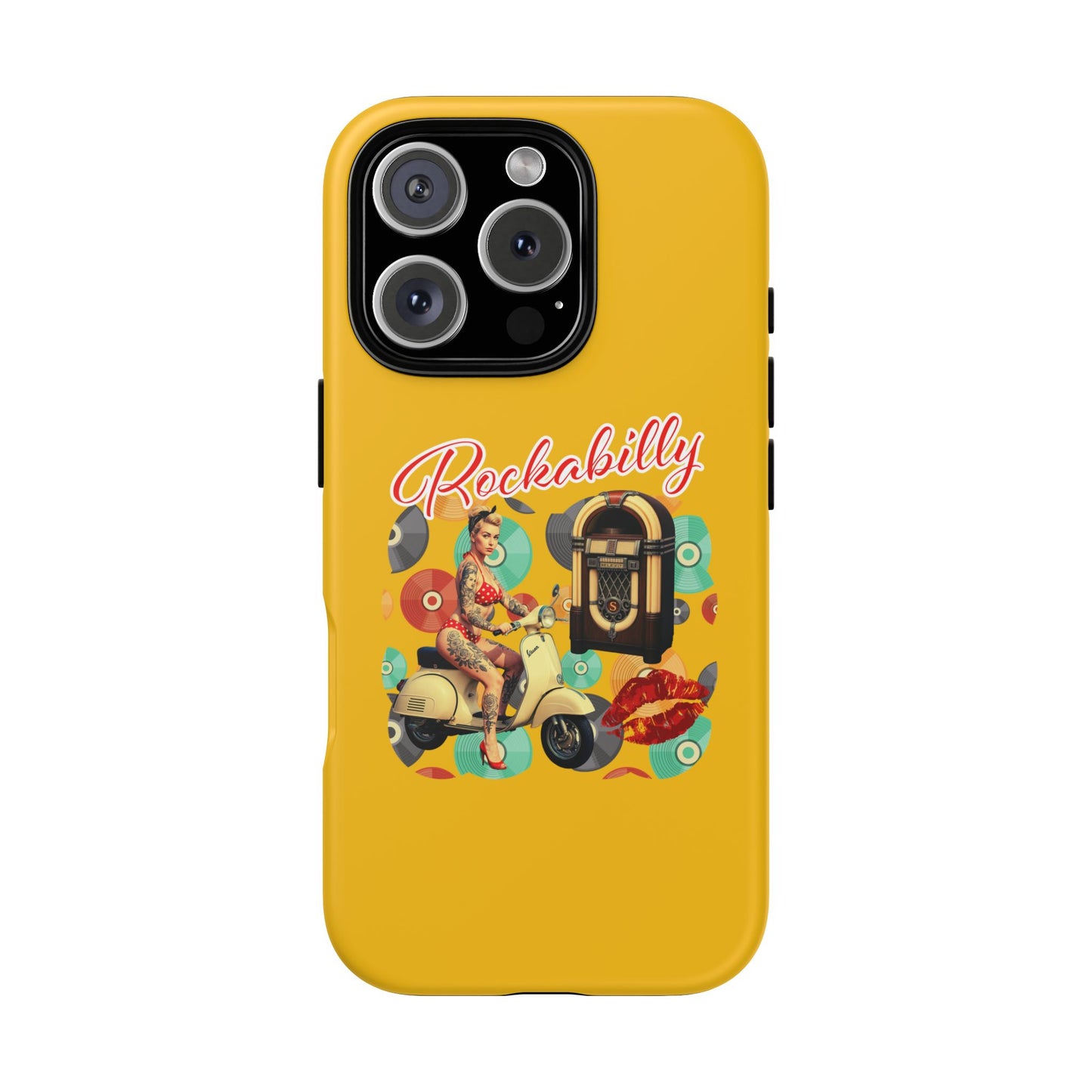 Rockabilly Phone Case, Vintage Scooter Design, Retro Style Cover, Fun Gift for Music Lovers, Yellow Tough Cases