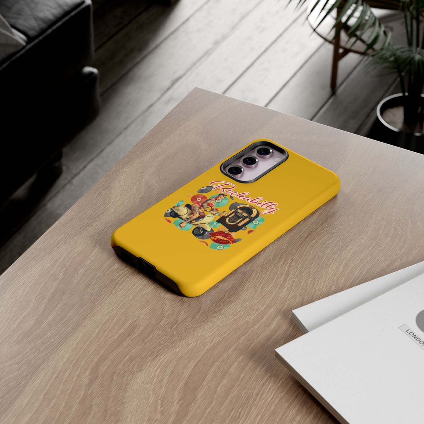 Rockabilly Phone Case, Vintage Scooter Design, Retro Style Cover, Fun Gift for Music Lovers, Yellow Tough Cases