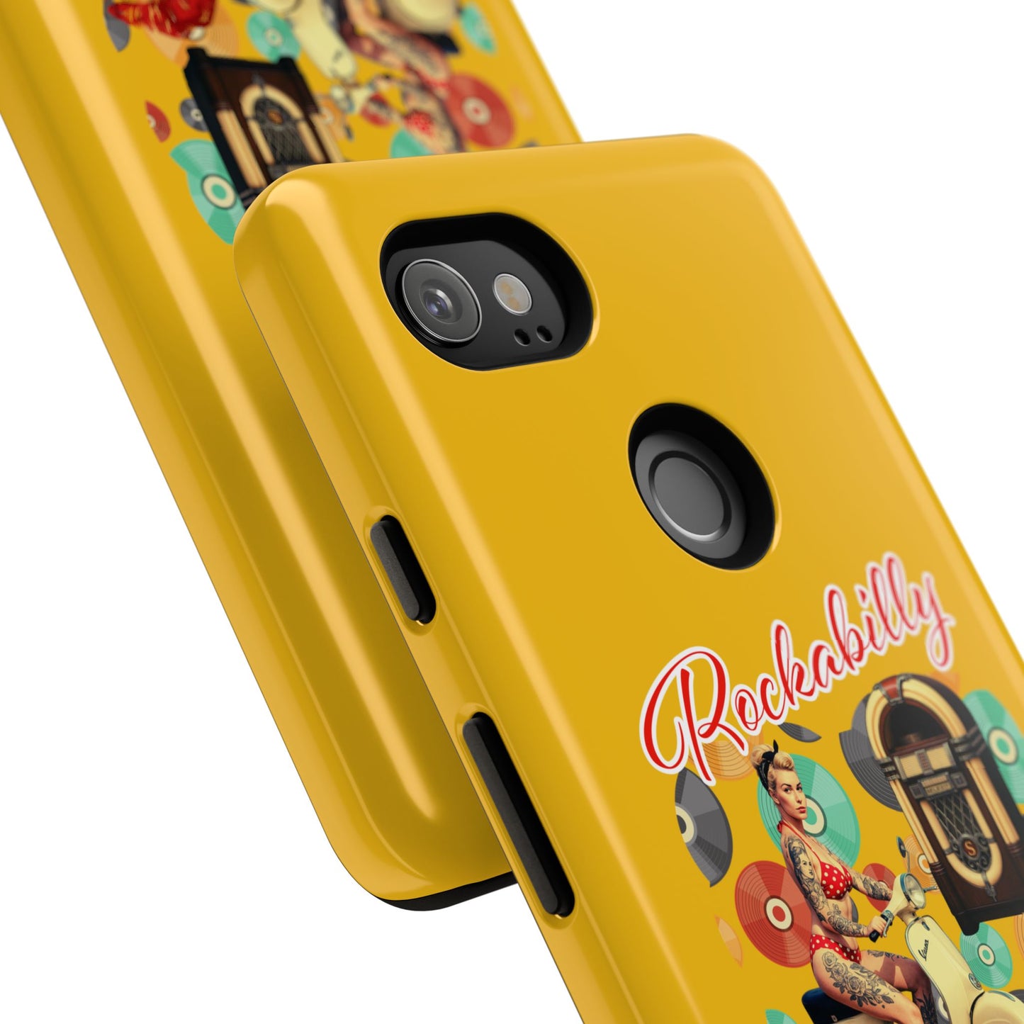 Rockabilly Phone Case, Vintage Scooter Design, Retro Style Cover, Fun Gift for Music Lovers, Yellow Tough Cases
