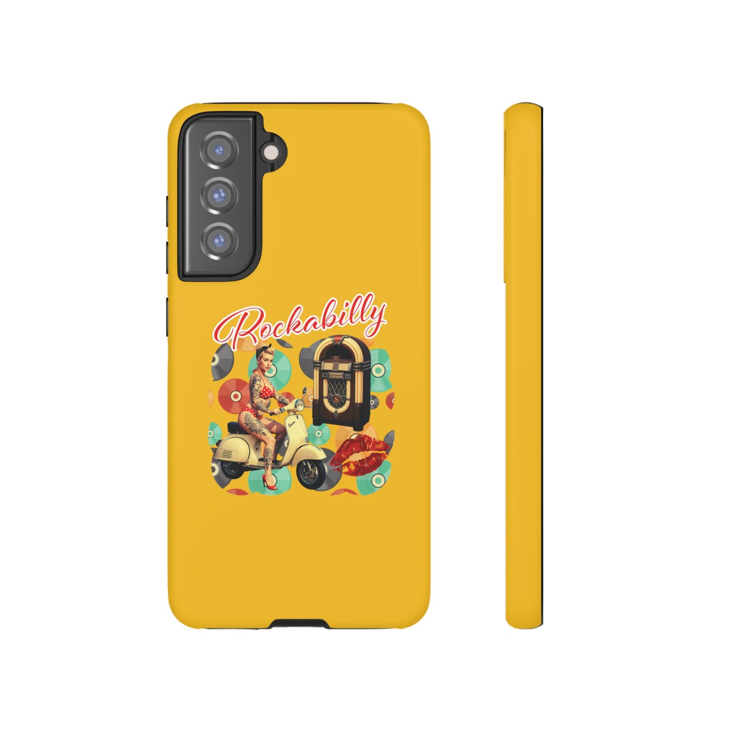 Rockabilly Phone Case, Vintage Scooter Design, Retro Style Cover, Fun Gift for Music Lovers, Yellow Tough Cases