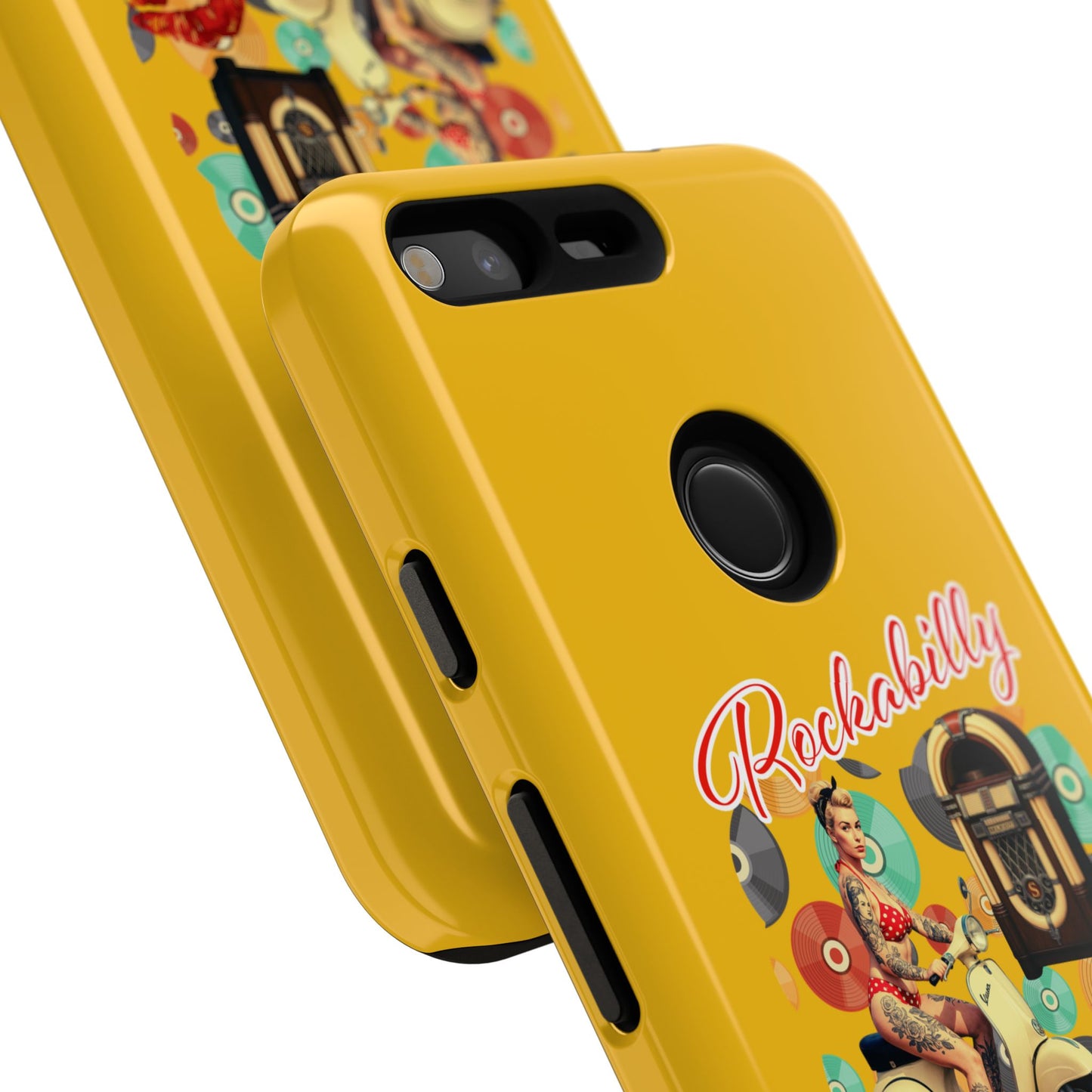 Rockabilly Phone Case, Vintage Scooter Design, Retro Style Cover, Fun Gift for Music Lovers, Yellow Tough Cases