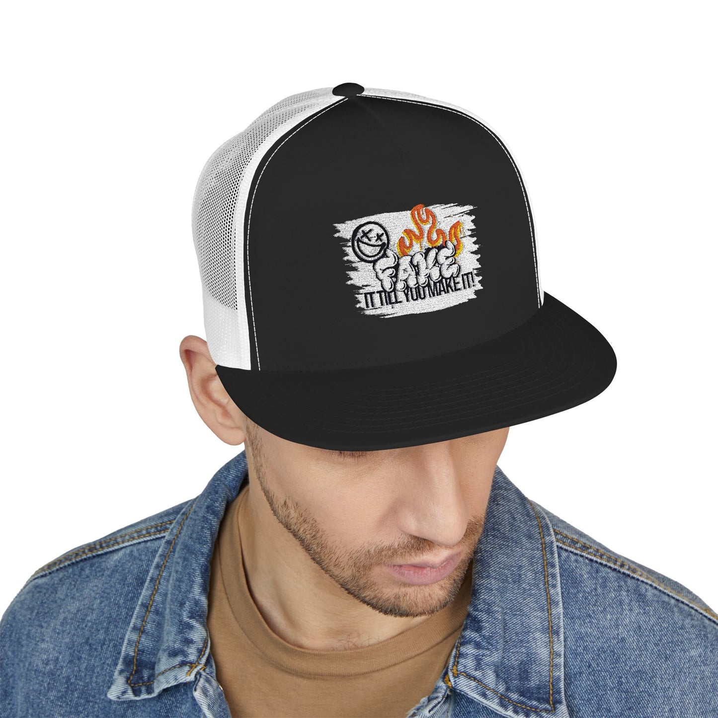 Embroidered 5 Panel Trucker Cap - Fake it til you make it