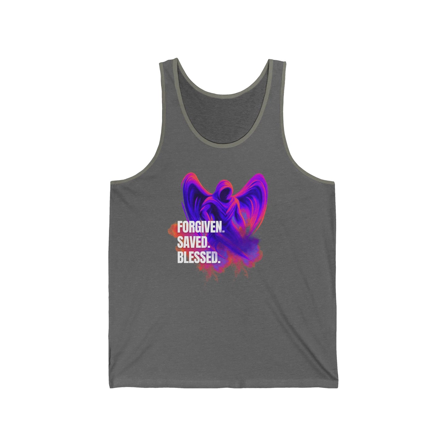 Spiritual Erzengel Unisex Jersey Tank - "Forgiven. Saved. Blessed." Inspirational Apparel