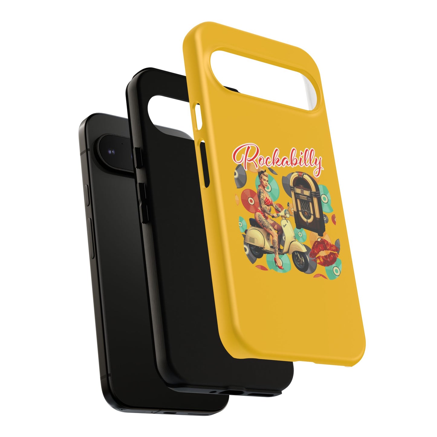 Rockabilly Phone Case, Vintage Scooter Design, Retro Style Cover, Fun Gift for Music Lovers, Yellow Tough Cases