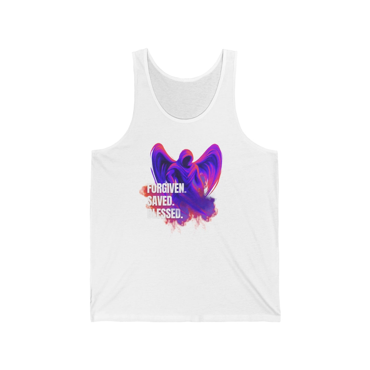 Spiritual Erzengel Unisex Jersey Tank - "Forgiven. Saved. Blessed." Inspirational Apparel