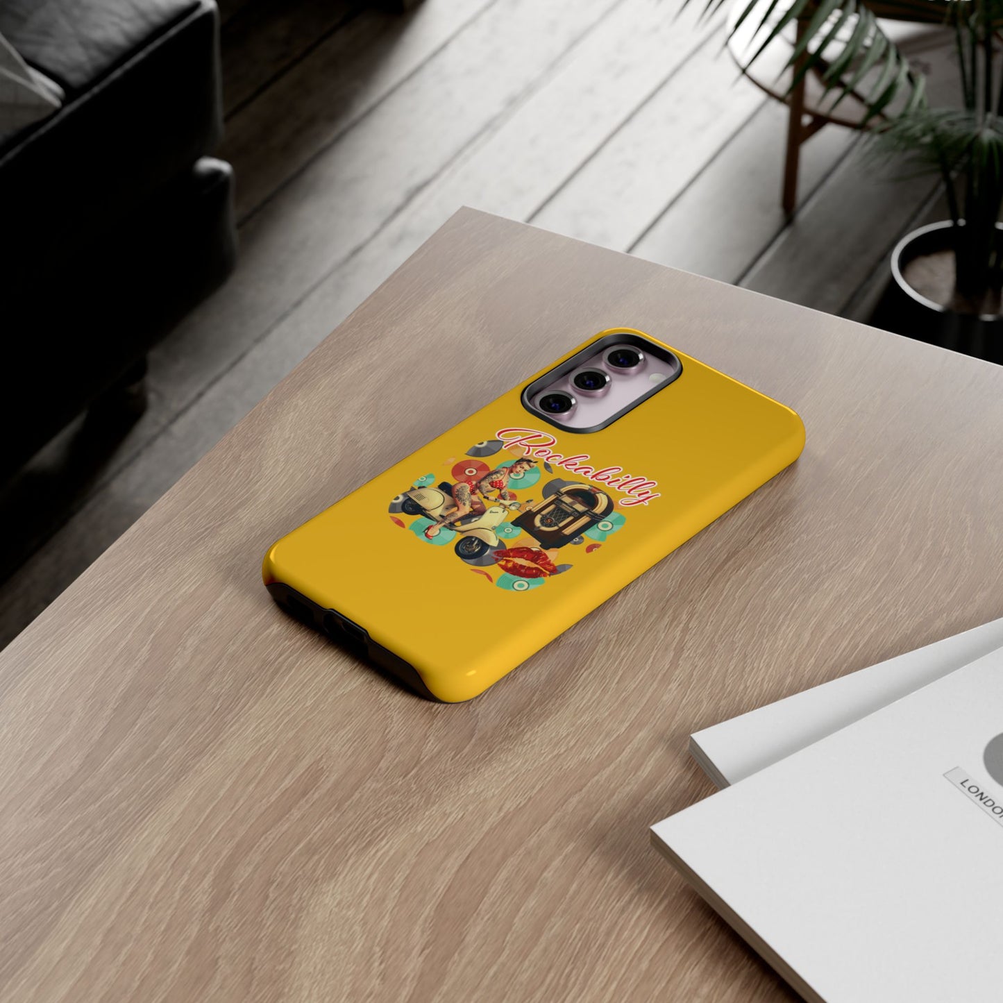 Rockabilly Phone Case, Vintage Scooter Design, Retro Style Cover, Fun Gift for Music Lovers, Yellow Tough Cases