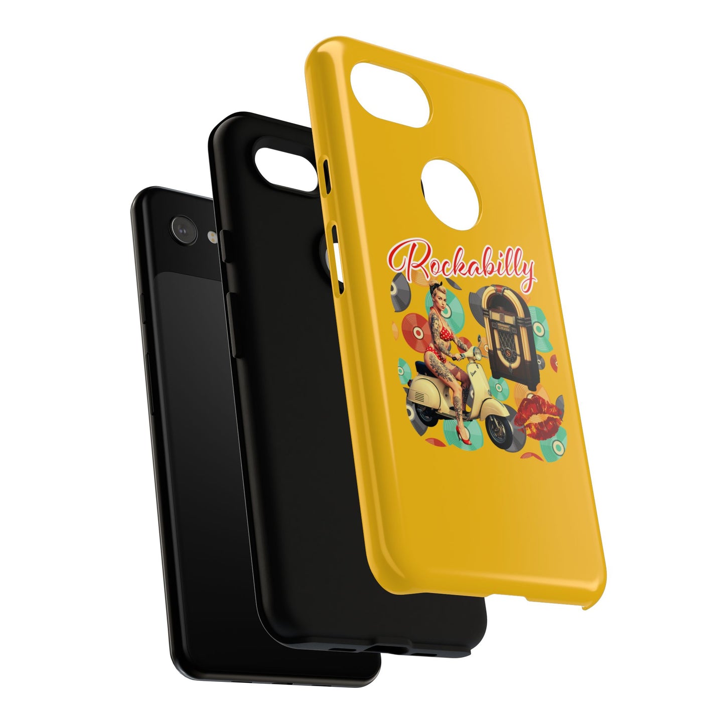 Rockabilly Phone Case, Vintage Scooter Design, Retro Style Cover, Fun Gift for Music Lovers, Yellow Tough Cases
