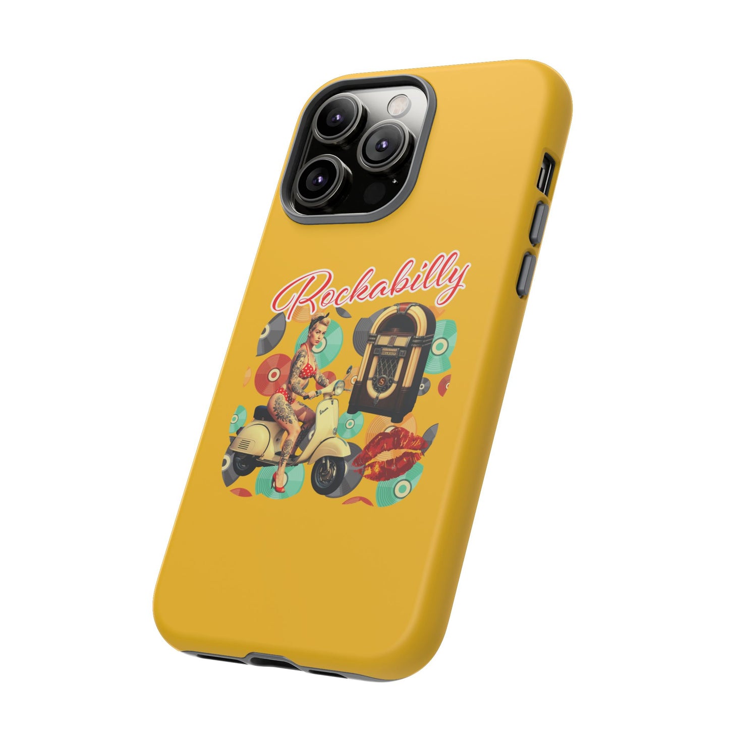 Rockabilly Phone Case, Vintage Scooter Design, Retro Style Cover, Fun Gift for Music Lovers, Yellow Tough Cases