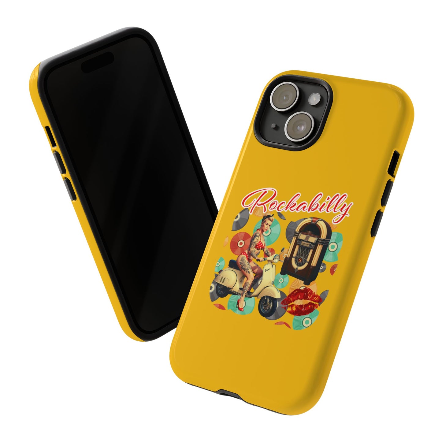 Rockabilly Phone Case, Vintage Scooter Design, Retro Style Cover, Fun Gift for Music Lovers, Yellow Tough Cases