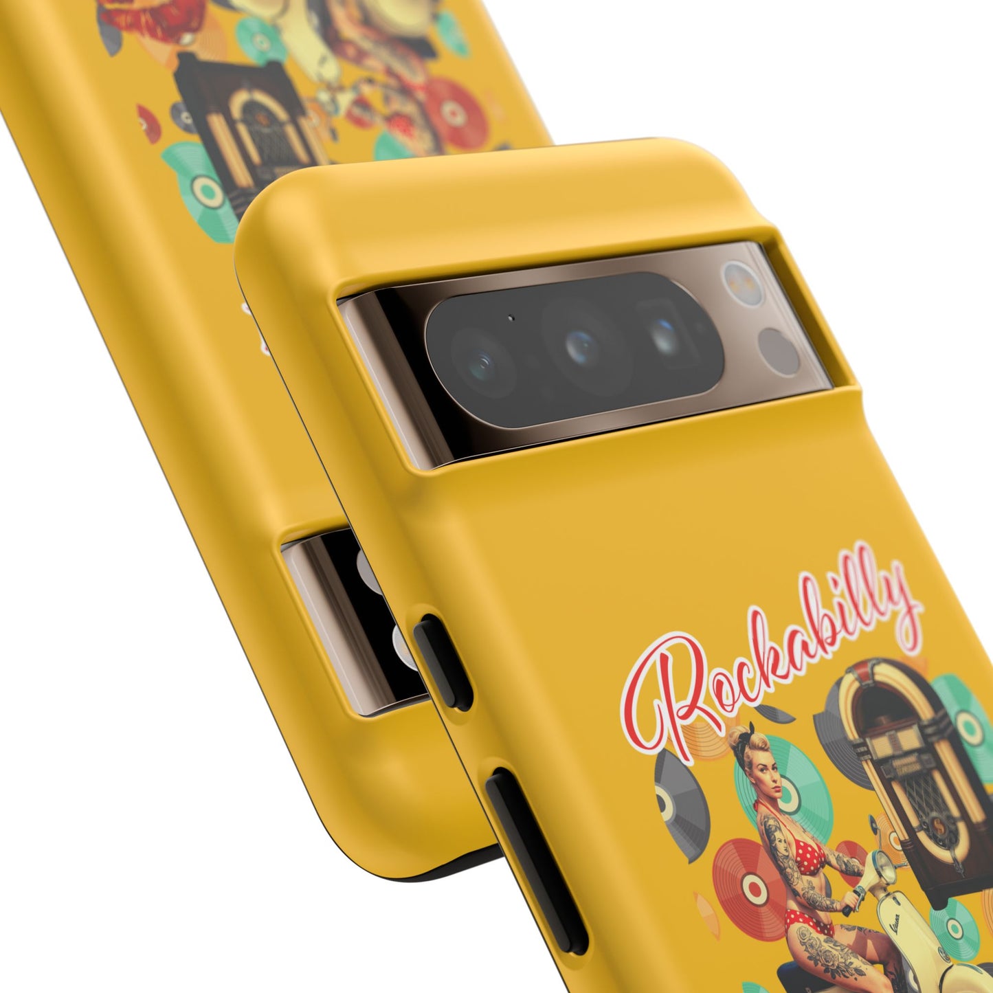 Rockabilly Phone Case, Vintage Scooter Design, Retro Style Cover, Fun Gift for Music Lovers, Yellow Tough Cases