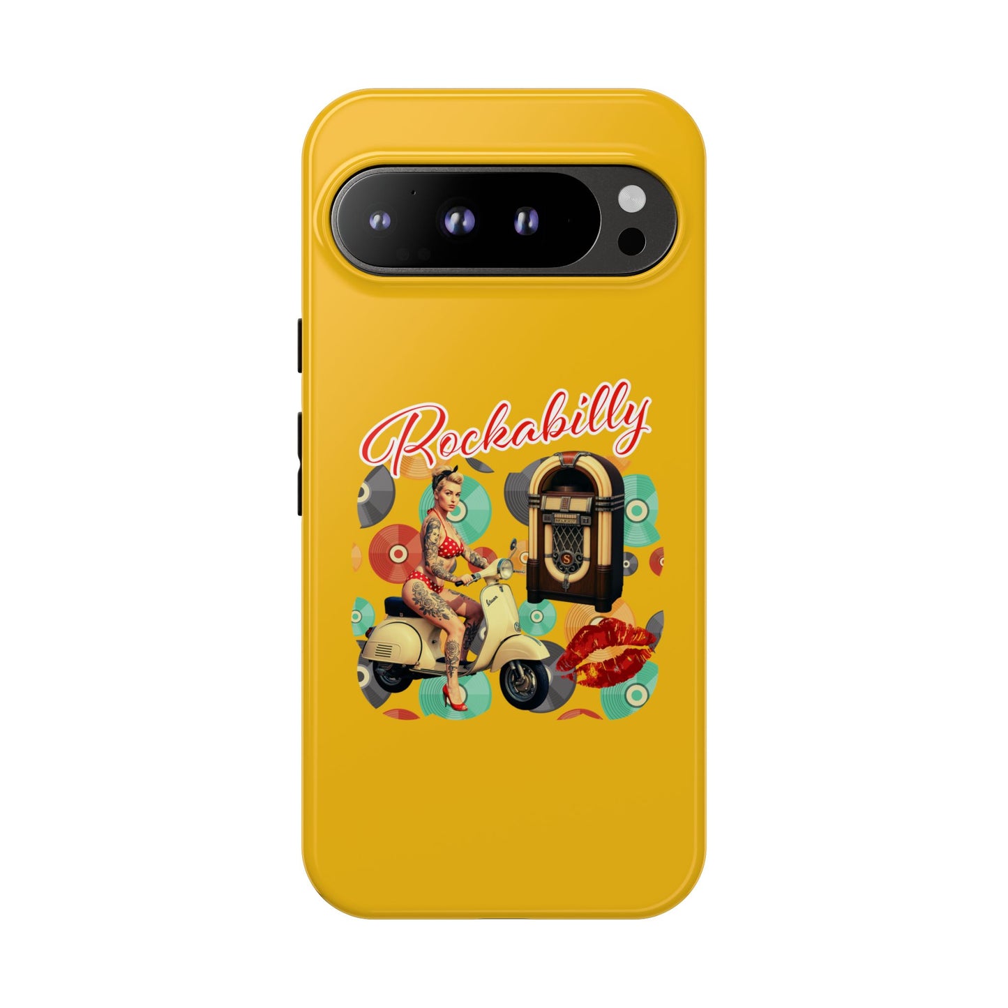 Rockabilly Phone Case, Vintage Scooter Design, Retro Style Cover, Fun Gift for Music Lovers, Yellow Tough Cases