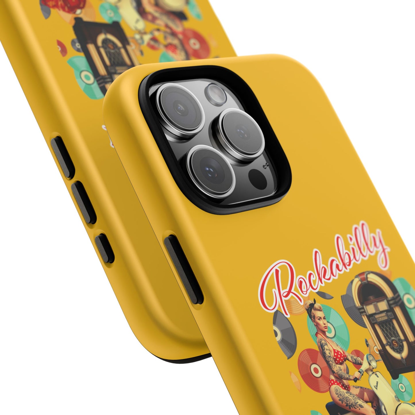 Rockabilly Phone Case, Vintage Scooter Design, Retro Style Cover, Fun Gift for Music Lovers, Yellow Tough Cases