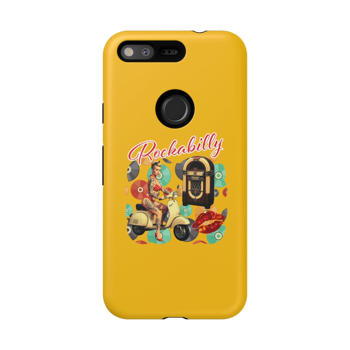 Rockabilly Phone Case, Vintage Scooter Design, Retro Style Cover, Fun Gift for Music Lovers, Yellow Tough Cases