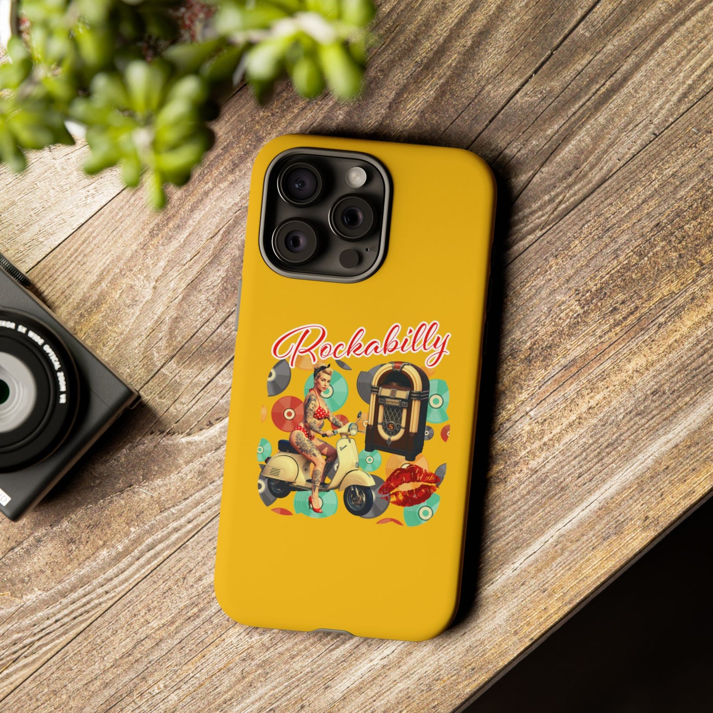 Rockabilly Phone Case, Vintage Scooter Design, Retro Style Cover, Fun Gift for Music Lovers, Yellow Tough Cases