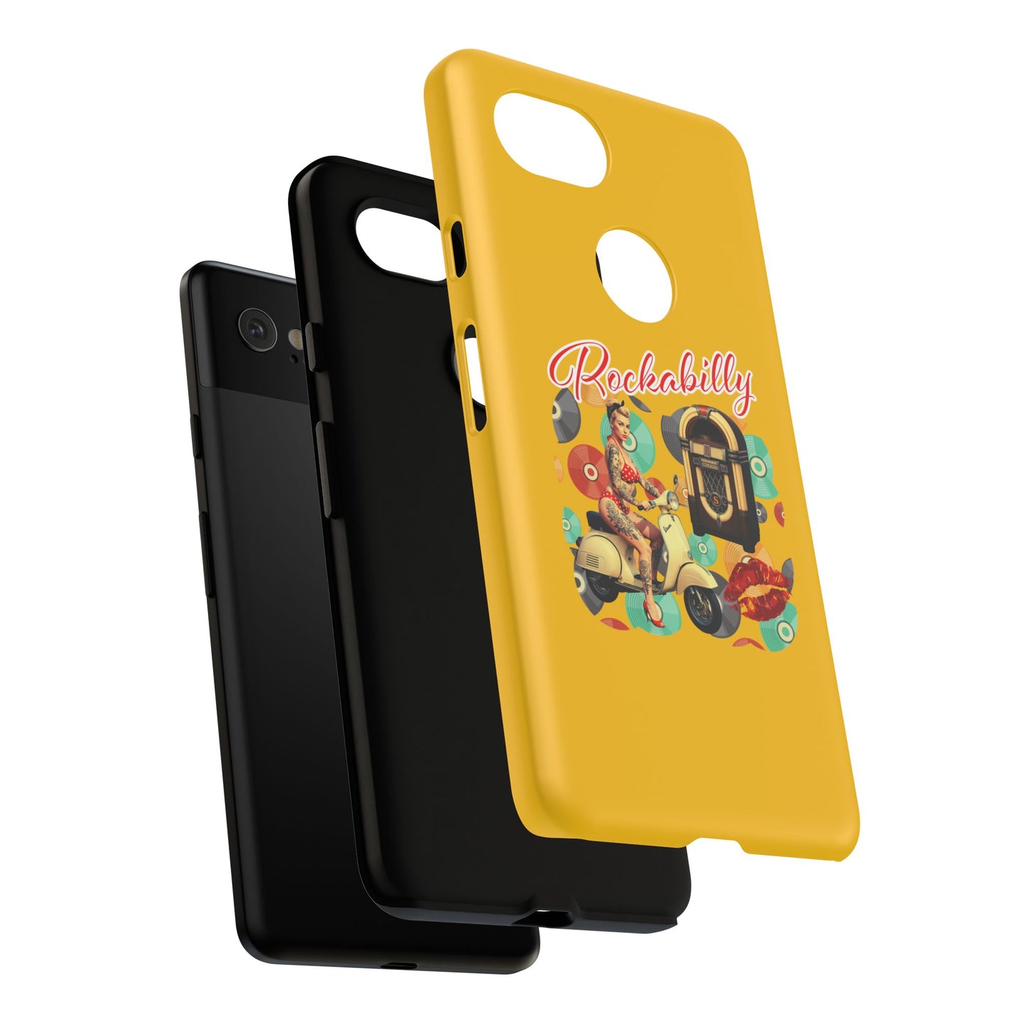 Rockabilly Phone Case, Vintage Scooter Design, Retro Style Cover, Fun Gift for Music Lovers, Yellow Tough Cases