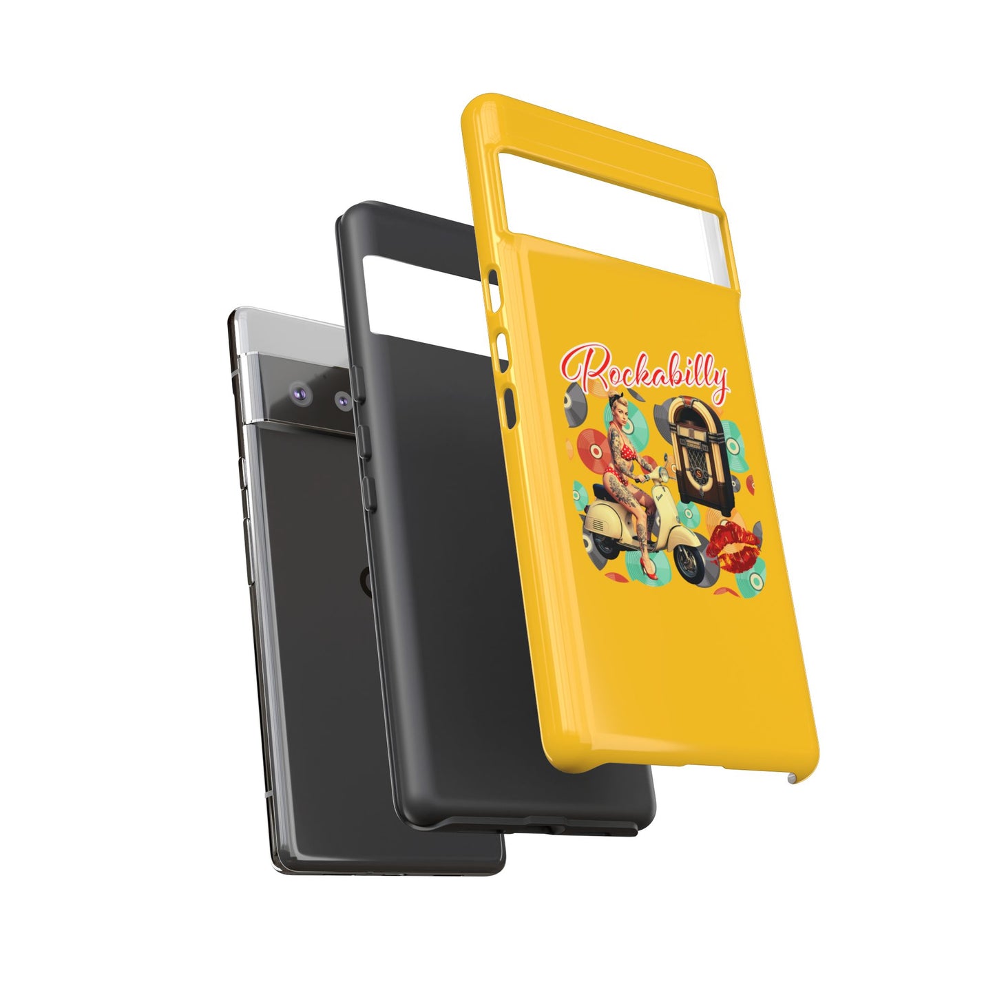 Rockabilly Phone Case, Vintage Scooter Design, Retro Style Cover, Fun Gift for Music Lovers, Yellow Tough Cases