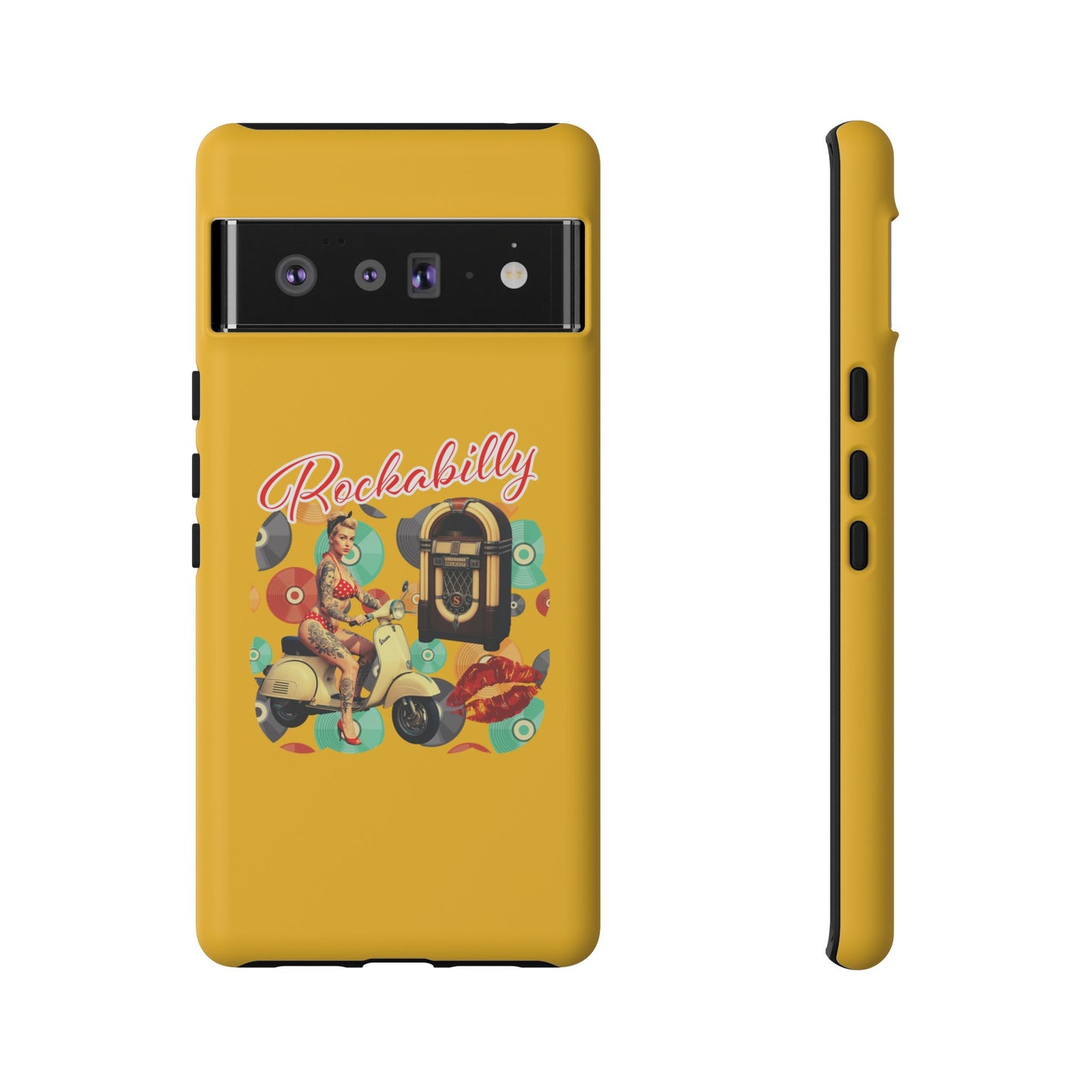 Rockabilly Phone Case, Vintage Scooter Design, Retro Style Cover, Fun Gift for Music Lovers, Yellow Tough Cases