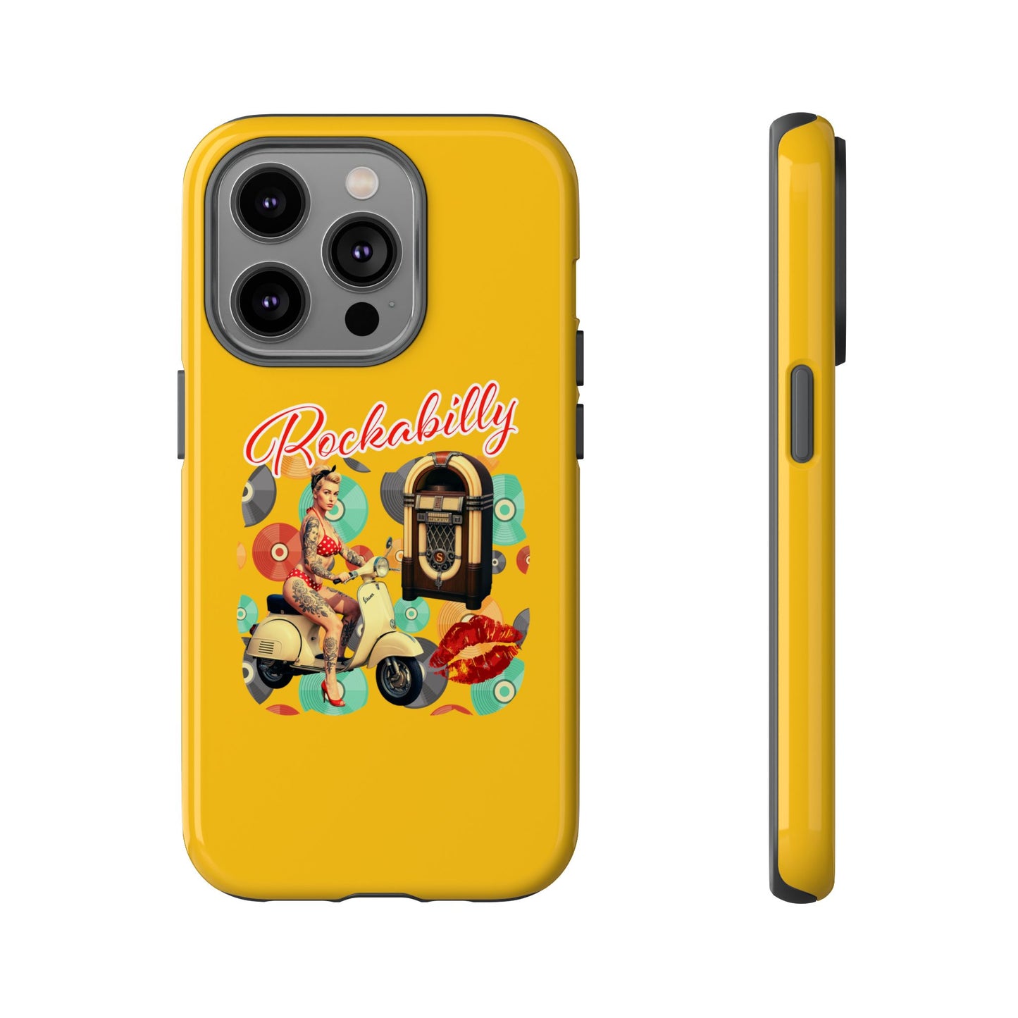 Rockabilly Phone Case, Vintage Scooter Design, Retro Style Cover, Fun Gift for Music Lovers, Yellow Tough Cases