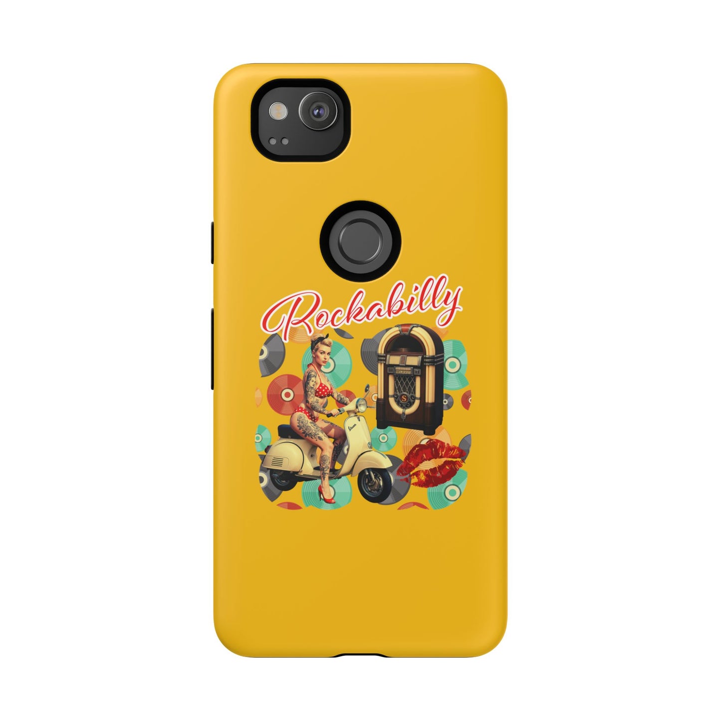 Rockabilly Phone Case, Vintage Scooter Design, Retro Style Cover, Fun Gift for Music Lovers, Yellow Tough Cases