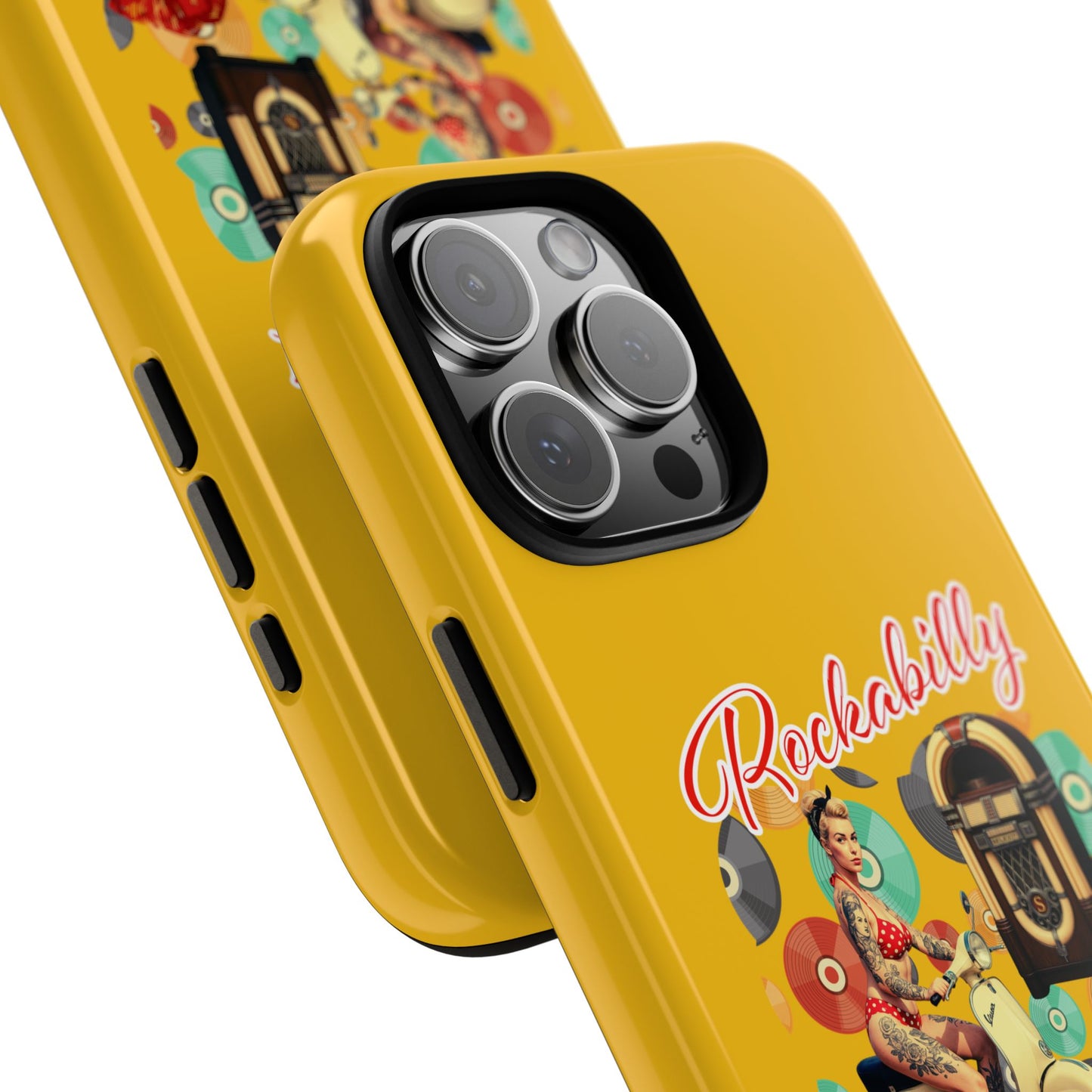 Rockabilly Phone Case, Vintage Scooter Design, Retro Style Cover, Fun Gift for Music Lovers, Yellow Tough Cases