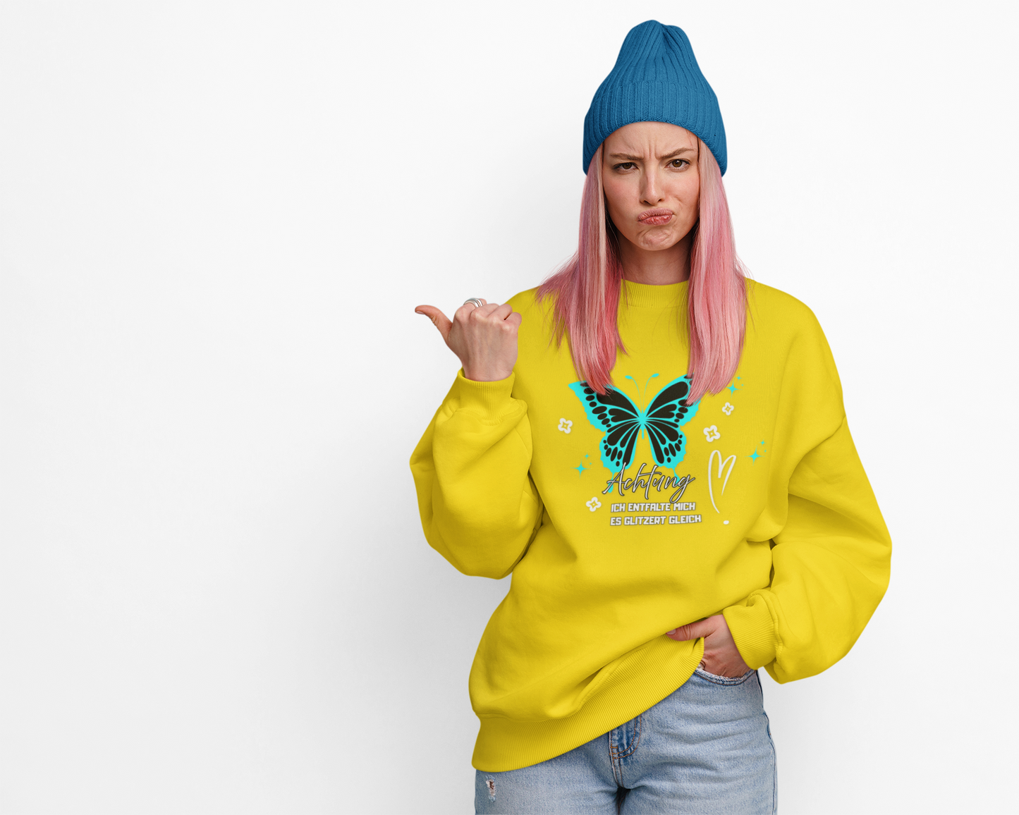 Butterfly Graphic Unisex Sweatshirt, Achtung "Ich entfalte mich- es glitzert gleich"