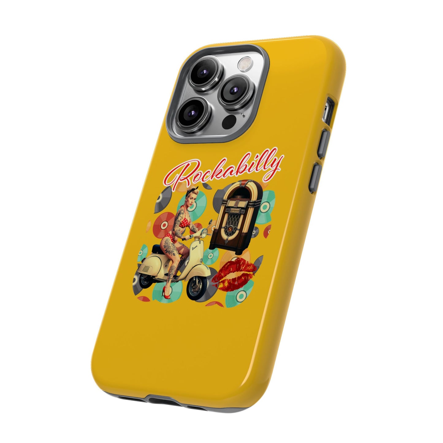 Rockabilly Phone Case, Vintage Scooter Design, Retro Style Cover, Fun Gift for Music Lovers, Yellow Tough Cases